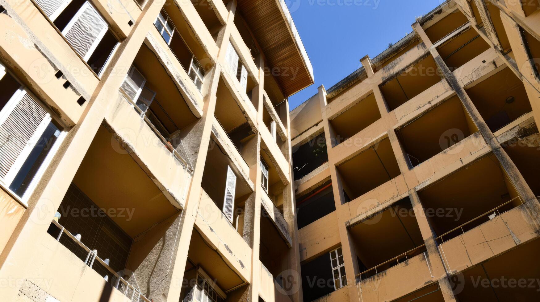 Abandoned and dilapidated apartment buildings with clear blue sky photo