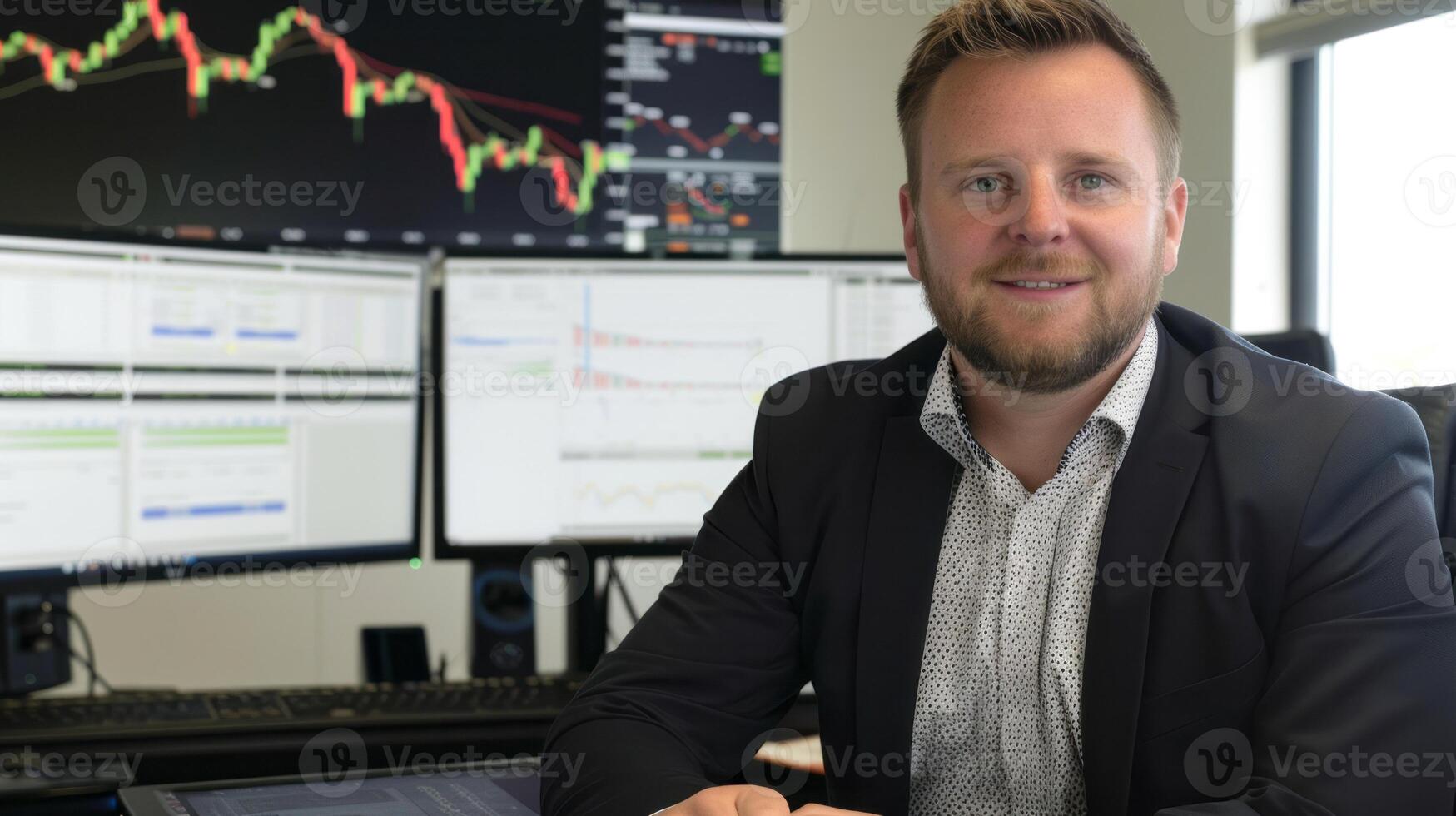 Confident Financial Trader Analyzing Stock Market Trends on Multiple Screens photo