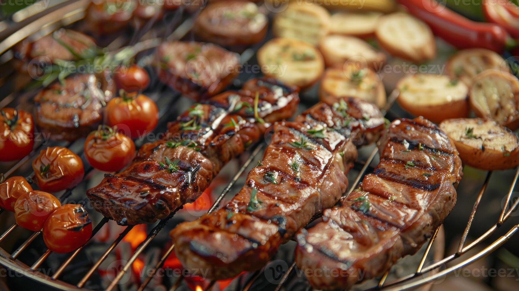 Grilled steaks and vegetables on barbecue with tomatoes and potatoes photo