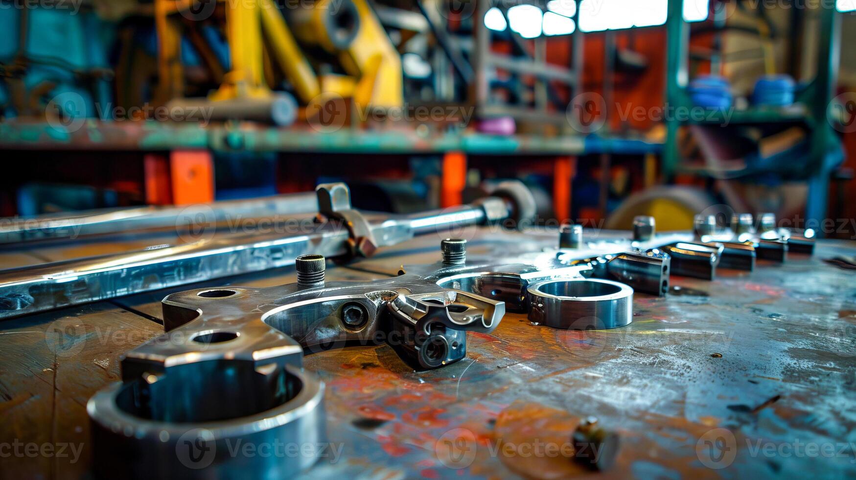 Close-up of metal parts and tools on a workbench in an industrial workshop photo