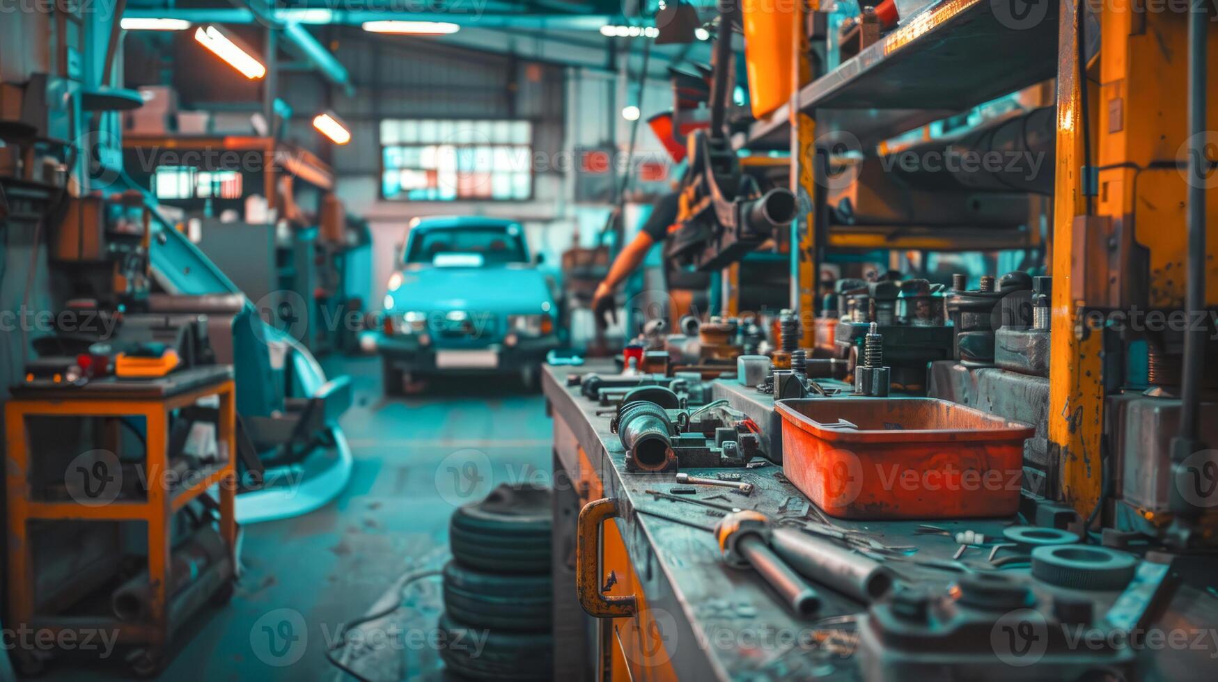 Automotive workshop with tools and vintage car in the background photo