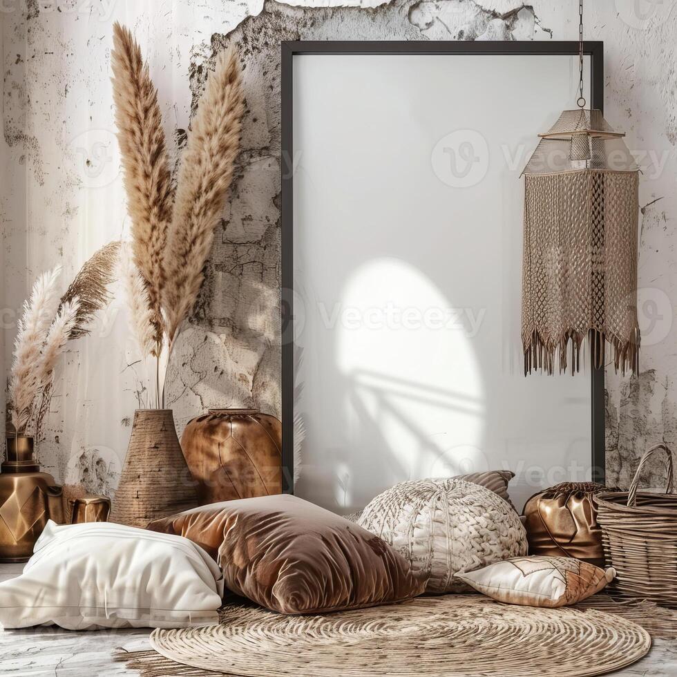 Cozy Bohemian Home Decor with Rustic Cushions and Natural Elements photo