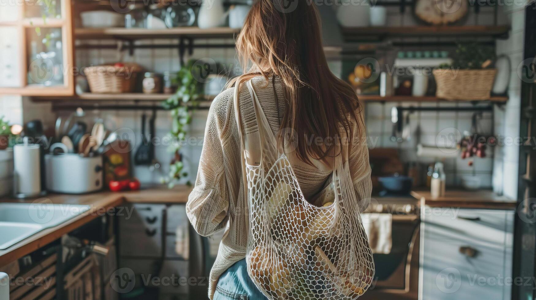 Woman in cozy kitchen with eco-friendly grocery bag filled with vegetables photo
