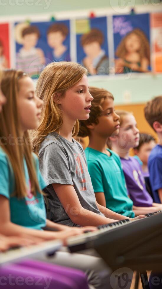 Children learning music in classroom with keyboards and focus photo