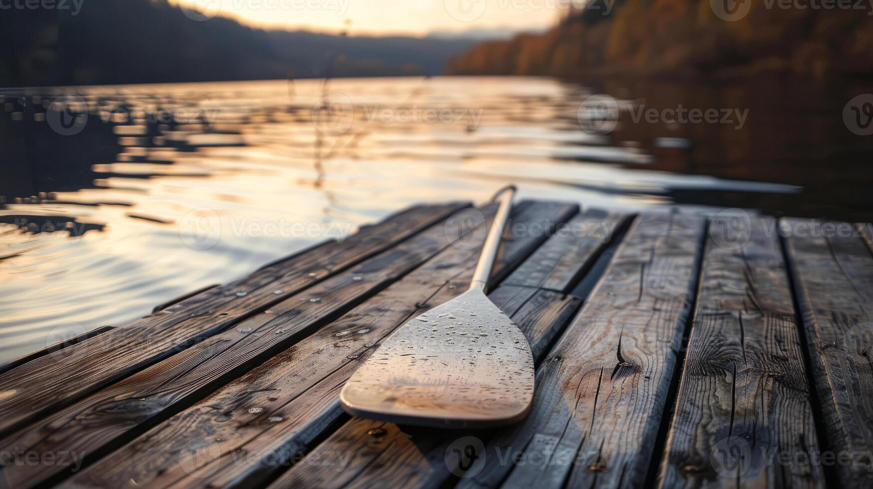 Wooden Oar on a Lakeside Dock at Sunset with Scenic Background photo