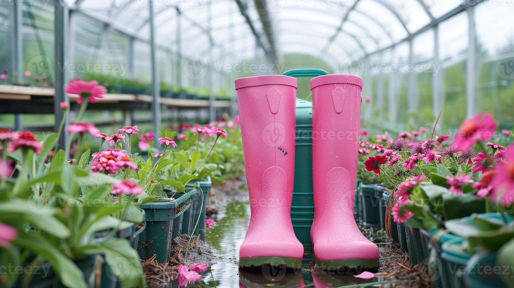 Pink garden boots in greenhouse surrounded by vibrant flowers photo