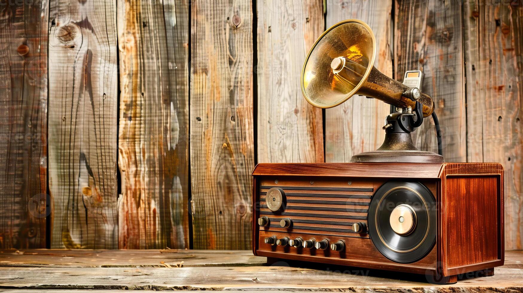 Vintage gramophone on wooden background, nostalgic retro music concept photo