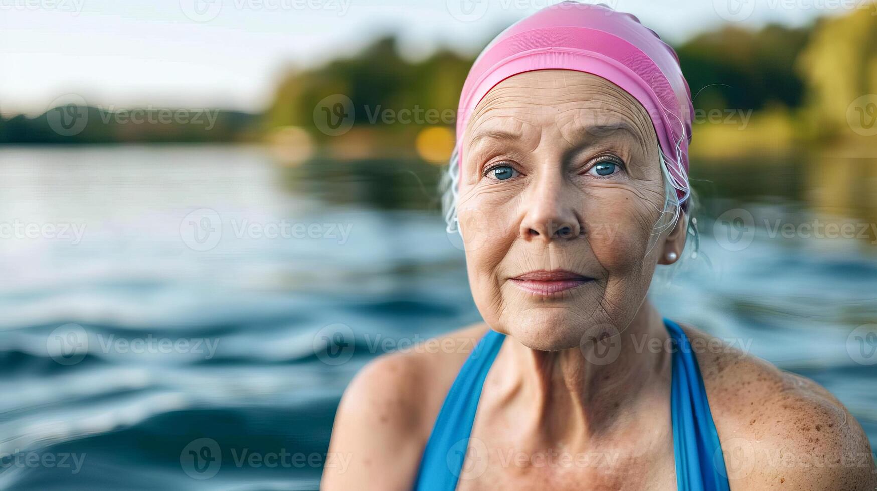 Elderly Woman Enjoying a Swim in the Lake on a Summer Day photo