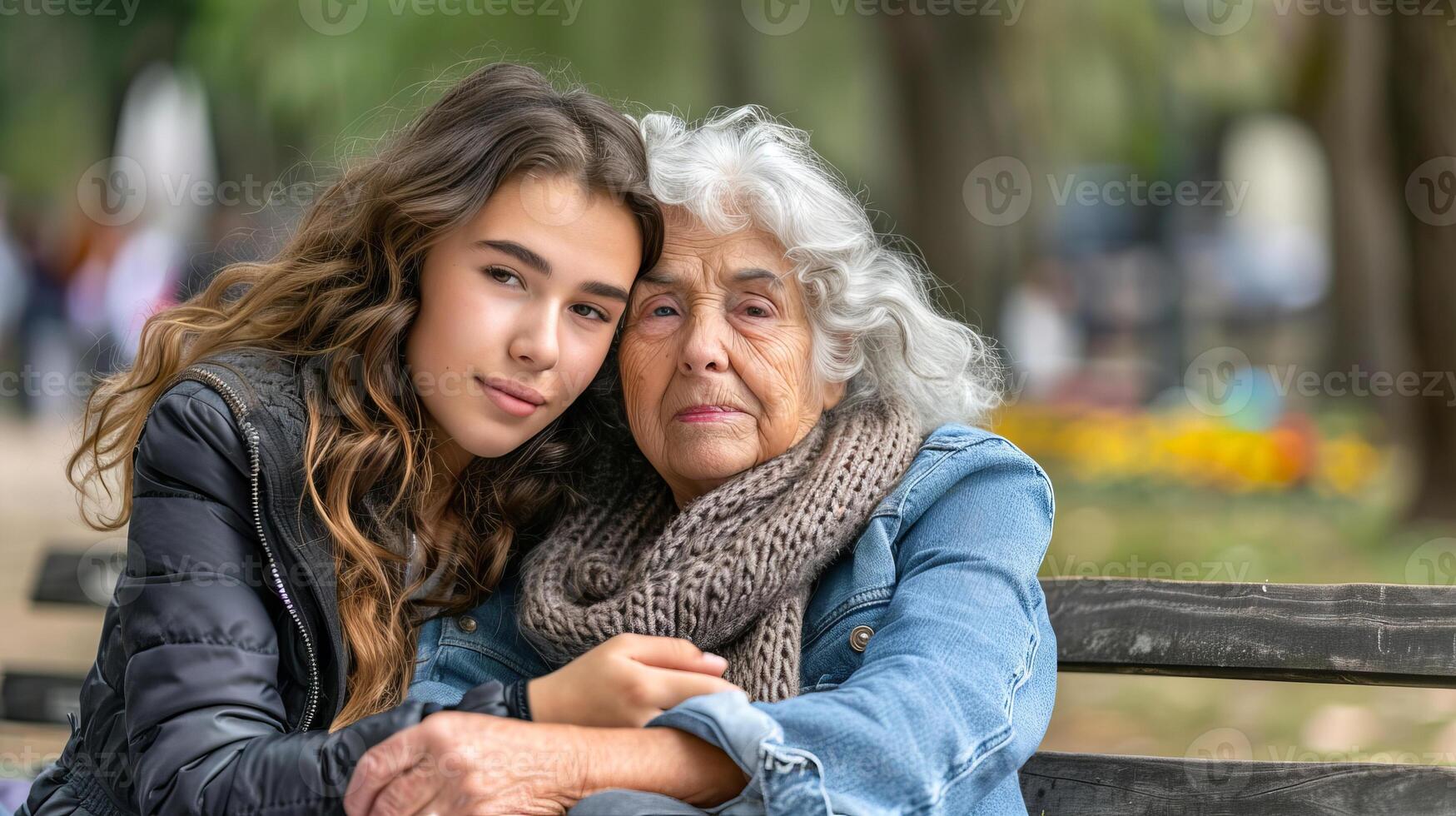 Loving granddaughter and elderly grandmother embracing on park bench photo