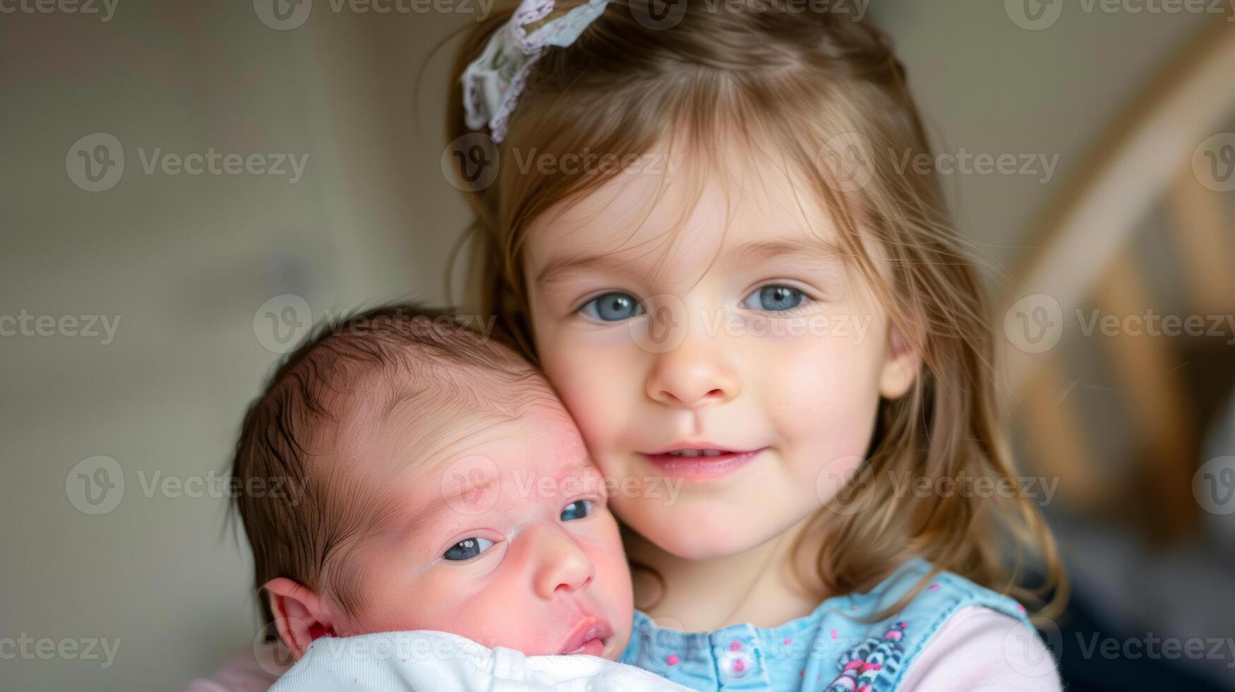Loving sister holding her newborn baby brother in a cozy home setting photo