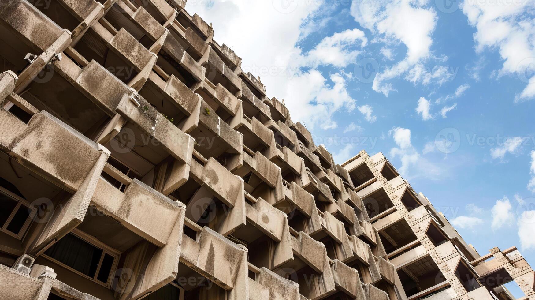 Brutalist architecture building with geometric concrete balconies photo