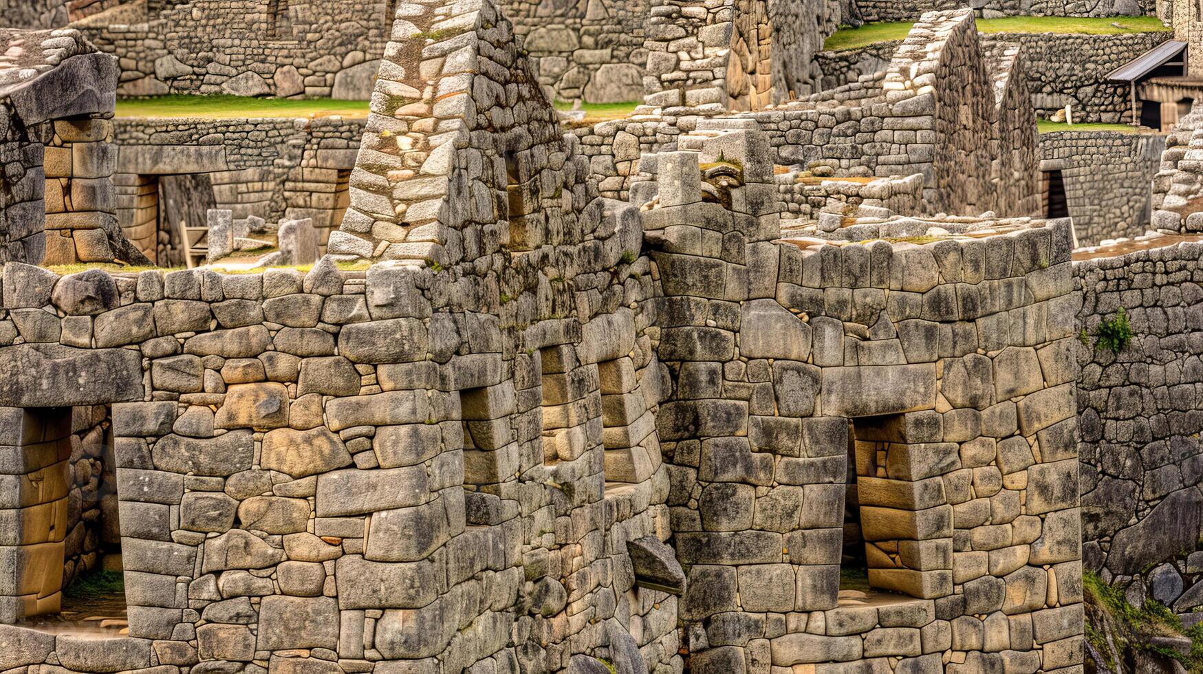Intricate stone architecture of ancient Inca ruins in Machu Picchu photo