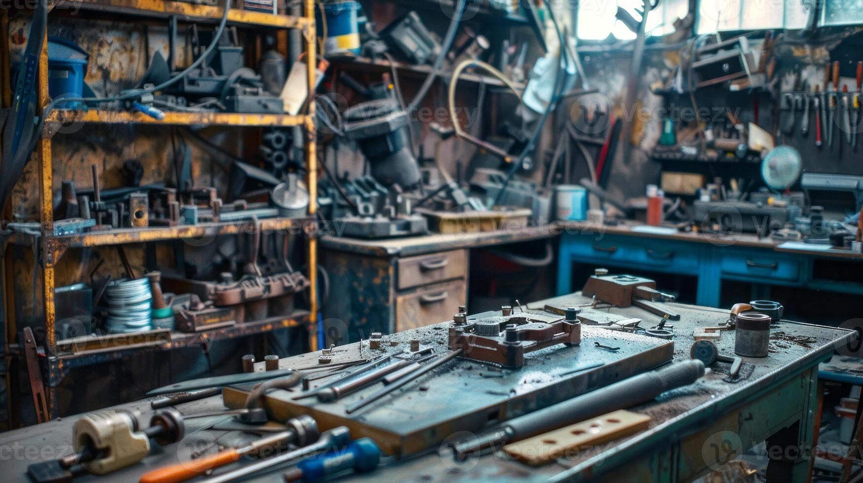 Detailed view of a cluttered and rustic metalworking workshop photo