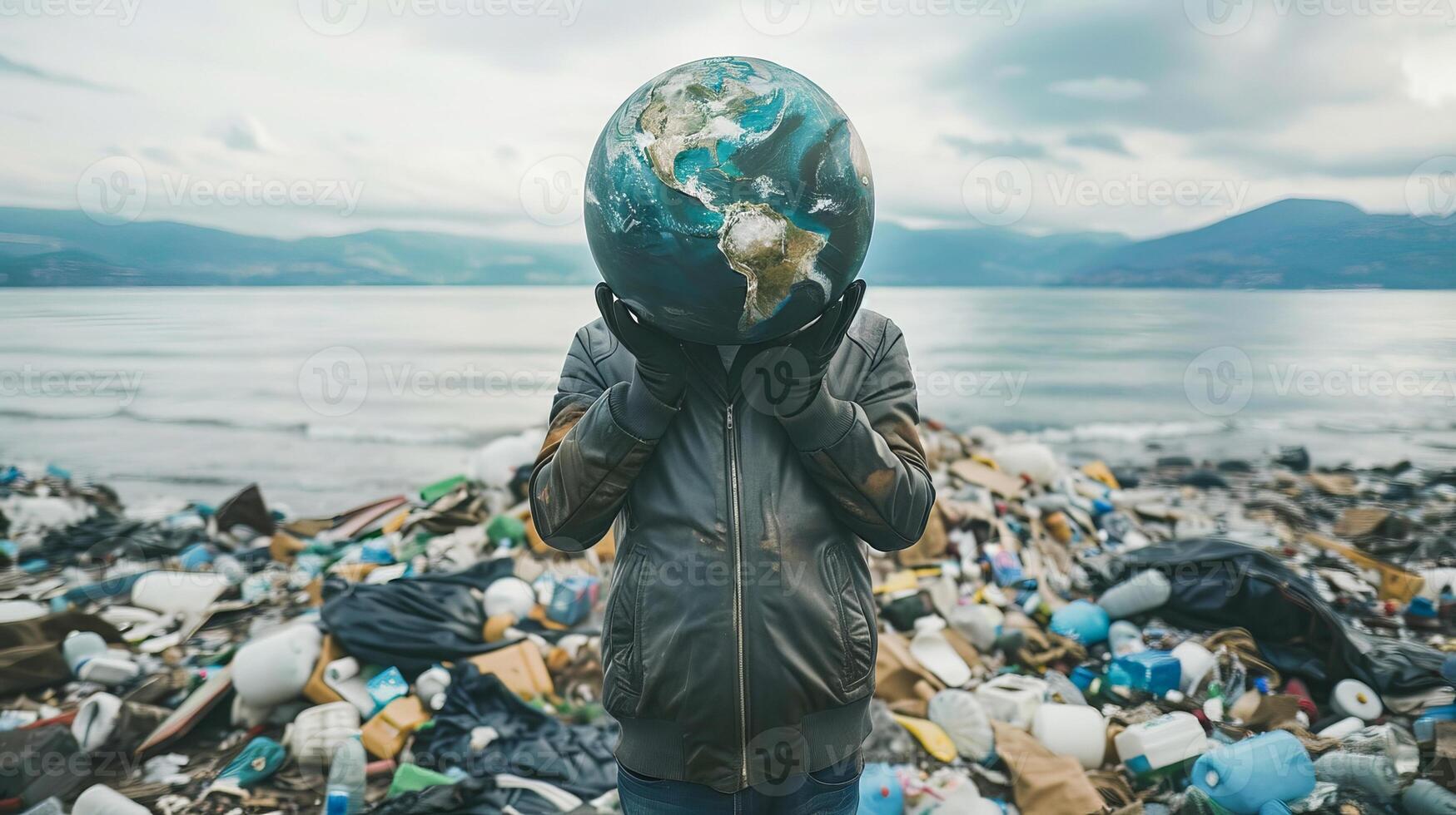 Man holding Earth globe amidst ocean trash photo