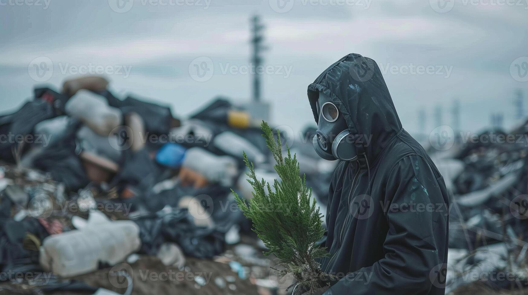 Activist in gas mask with sapling in industrial wasteland photo