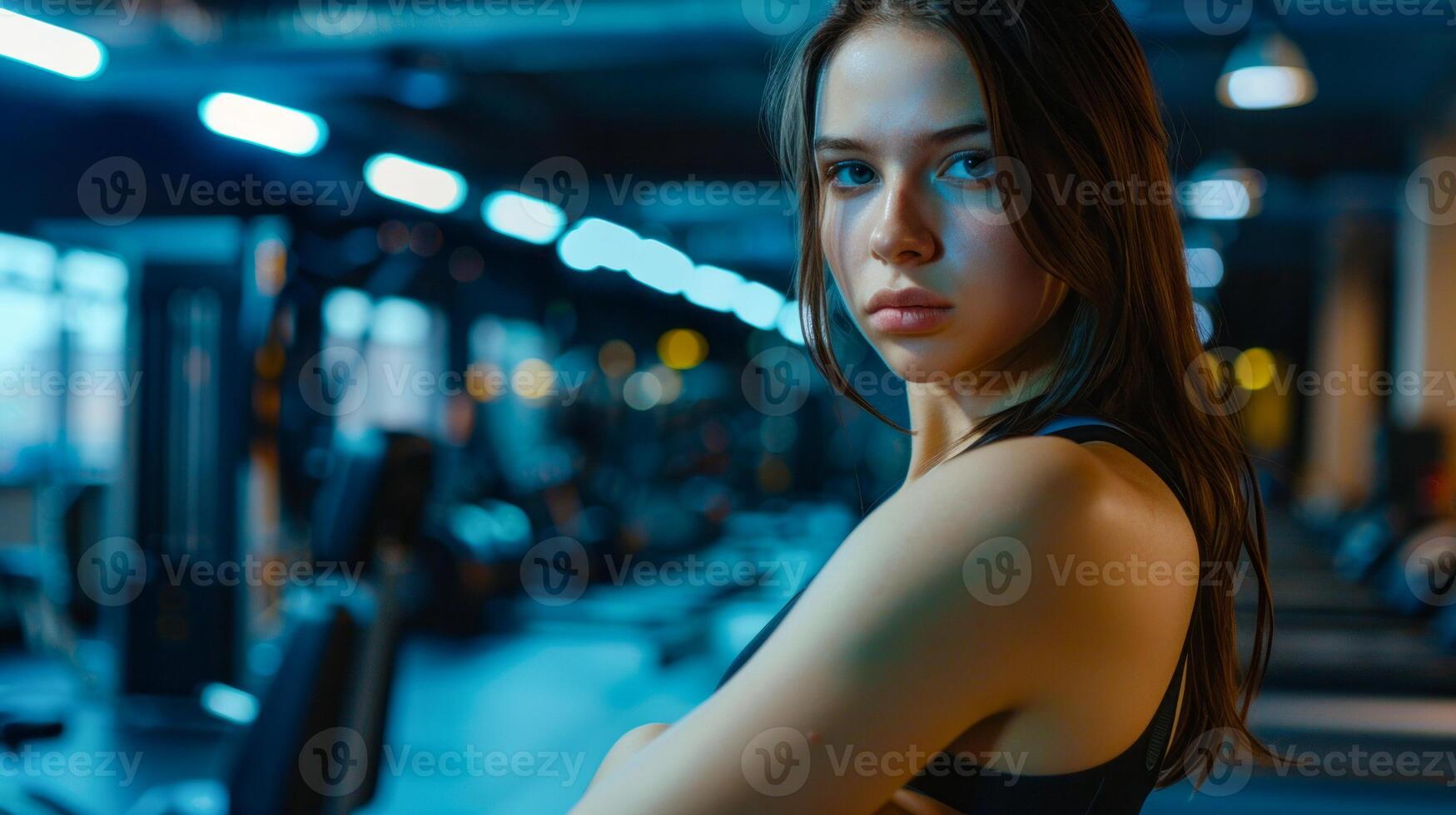 Confident Woman in Modern Gym with Intense Expression photo