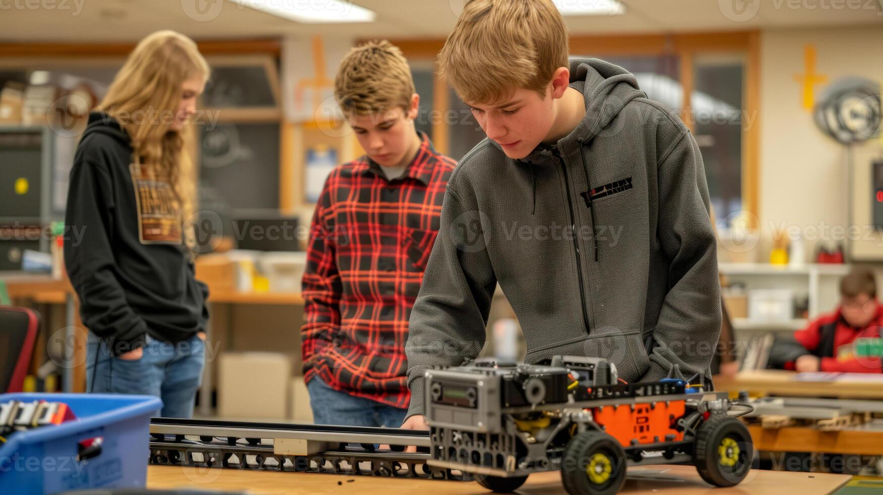 Robotics club team building a robot prototype in high school lab photo