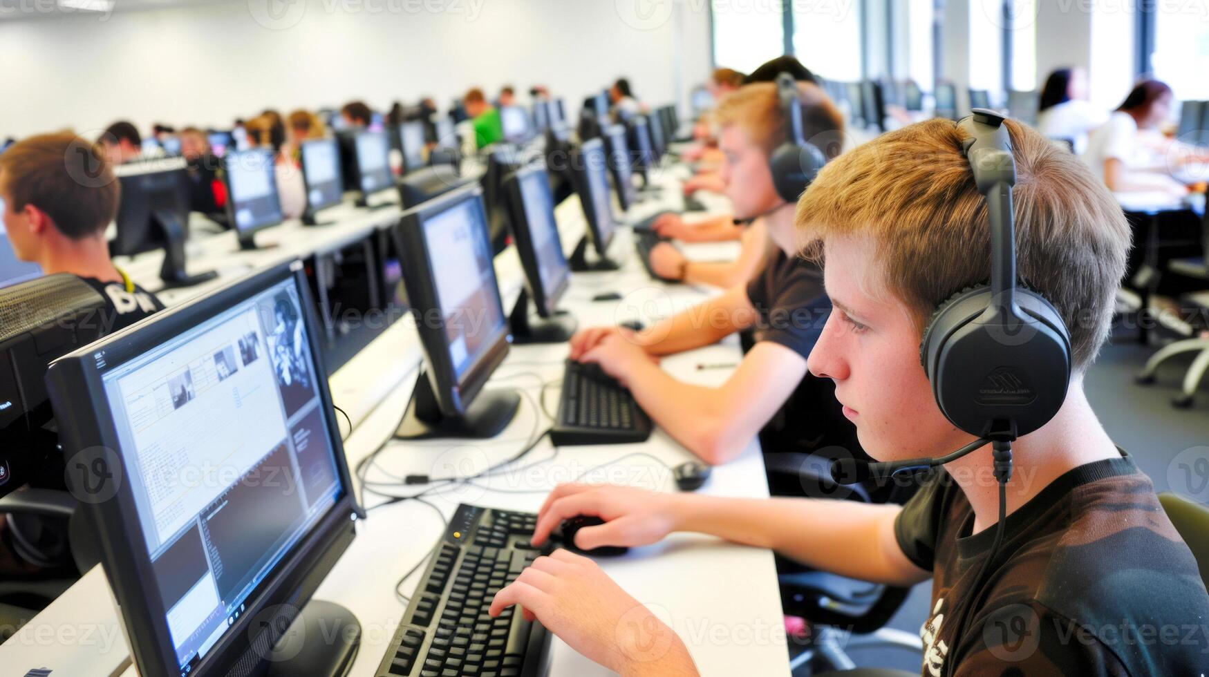 Classroom full of students concentrating on computer tasks photo