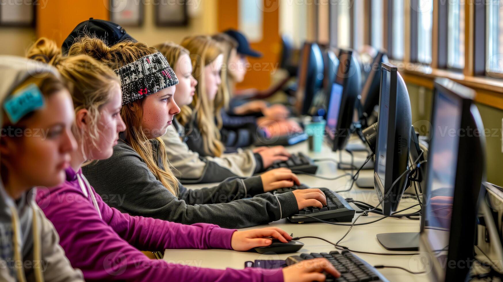 High school students participating in computer-based learning photo