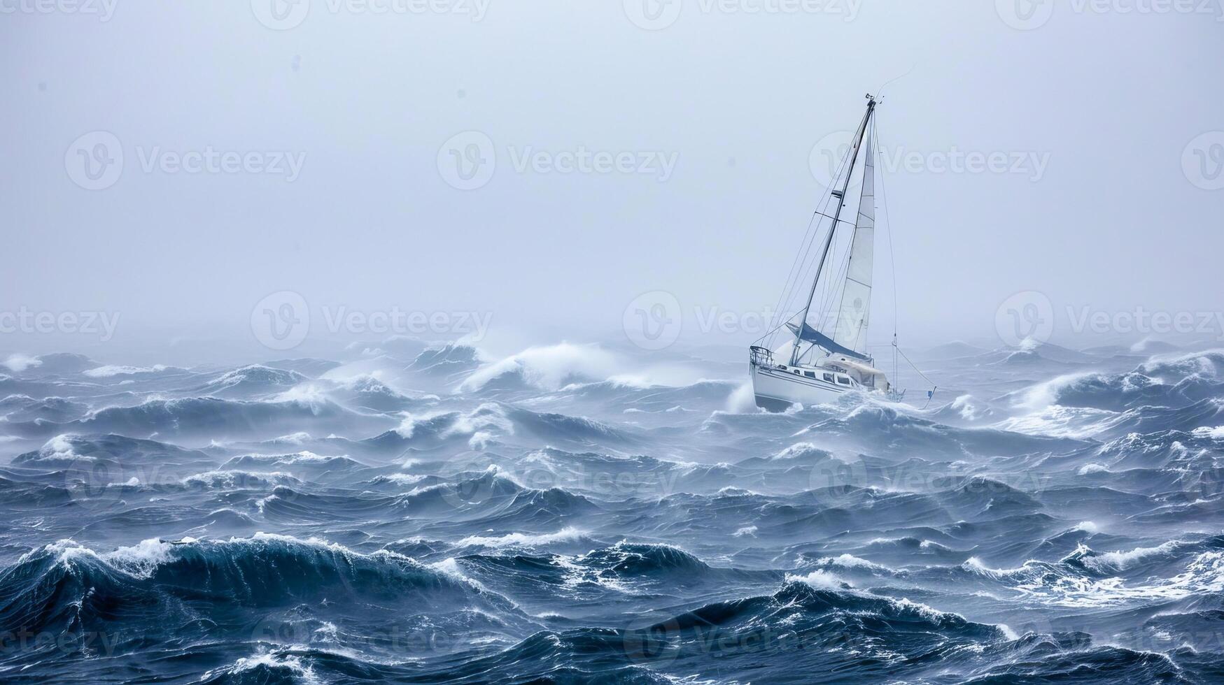 Yacht battling high waves in turbulent ocean photo