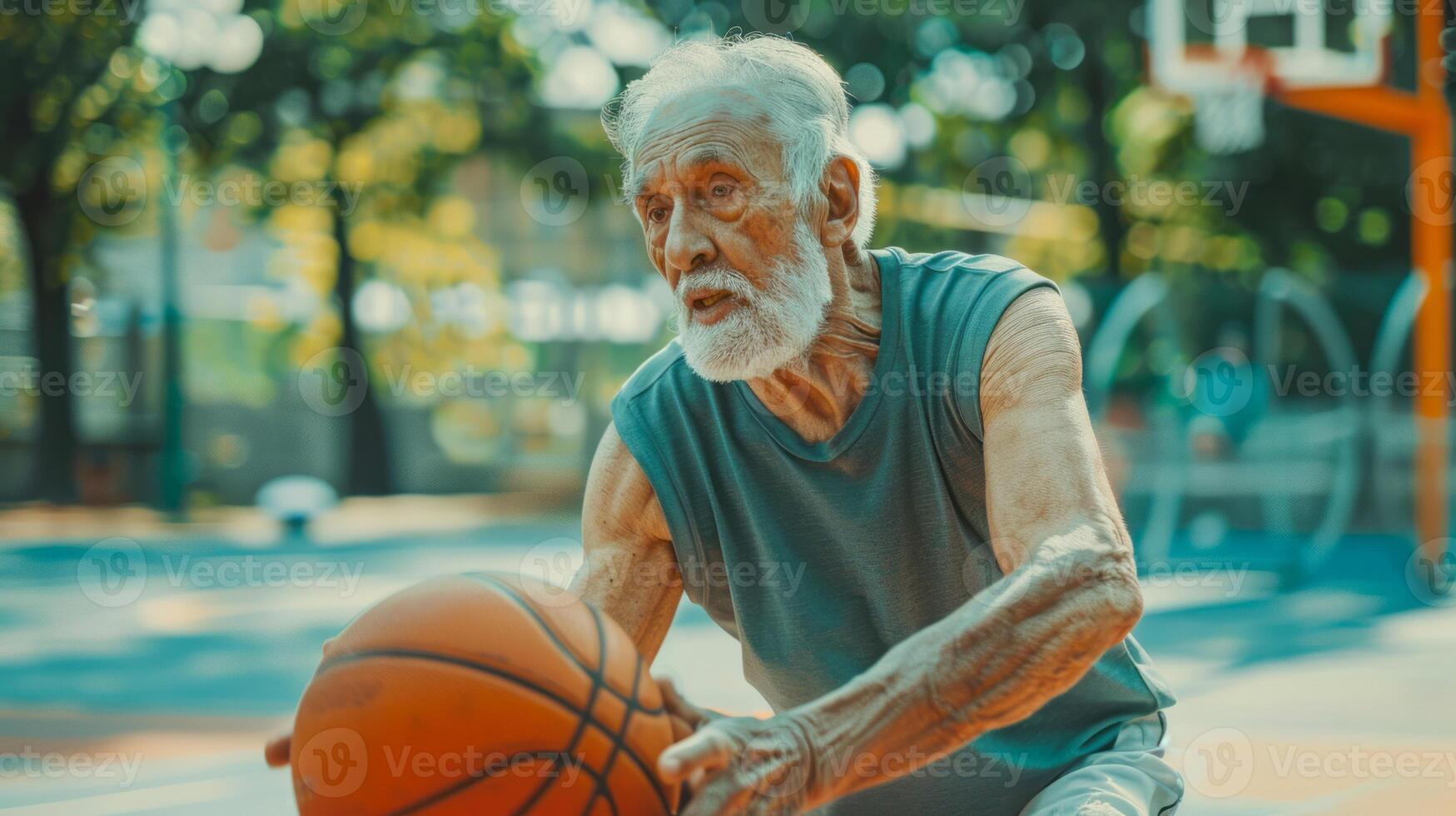 Determined senior man playing basketball on urban court photo