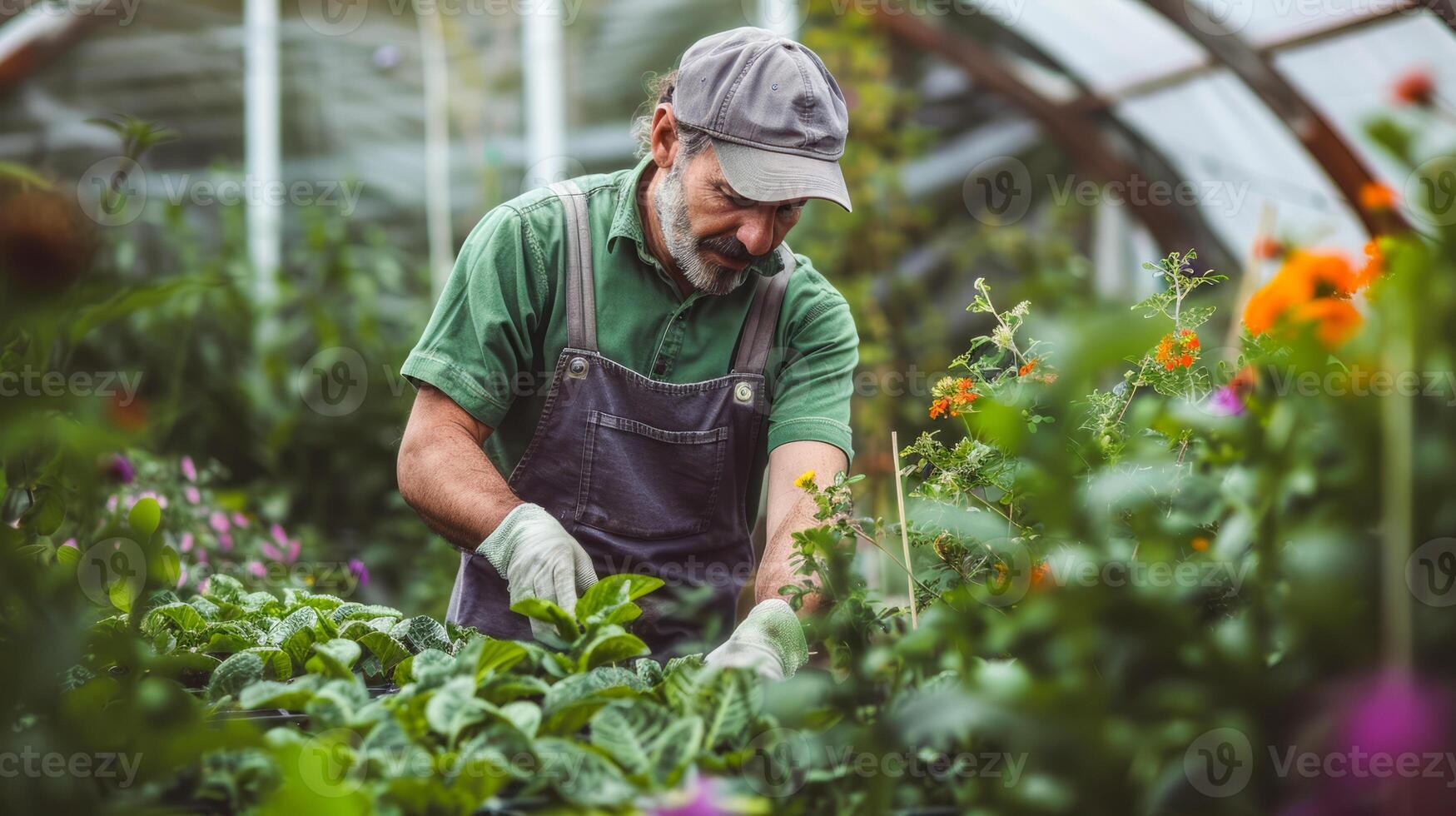 Man working in greenhouse surrounded by plants photo