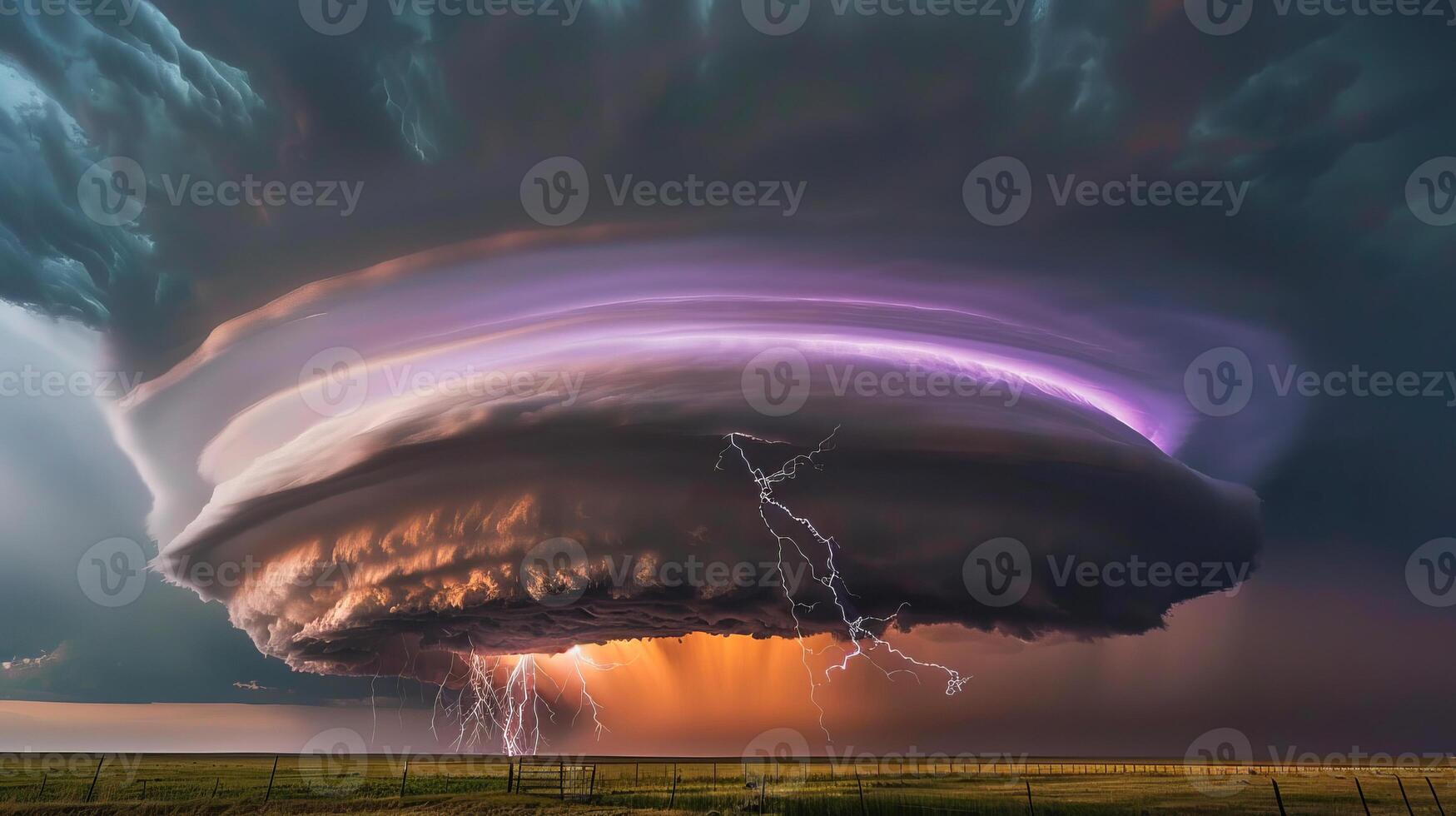 Spectacular supercell thunderstorm with lightning strike photo