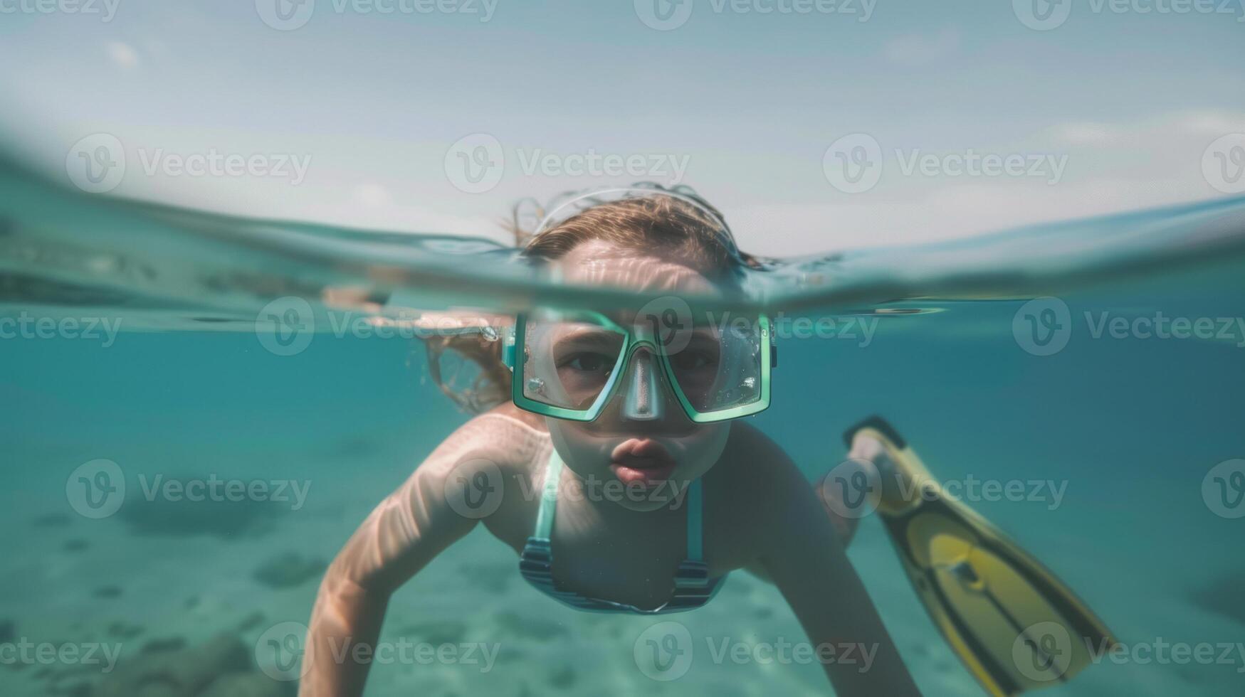 Girl snorkeling underwater with clear goggles and fins photo