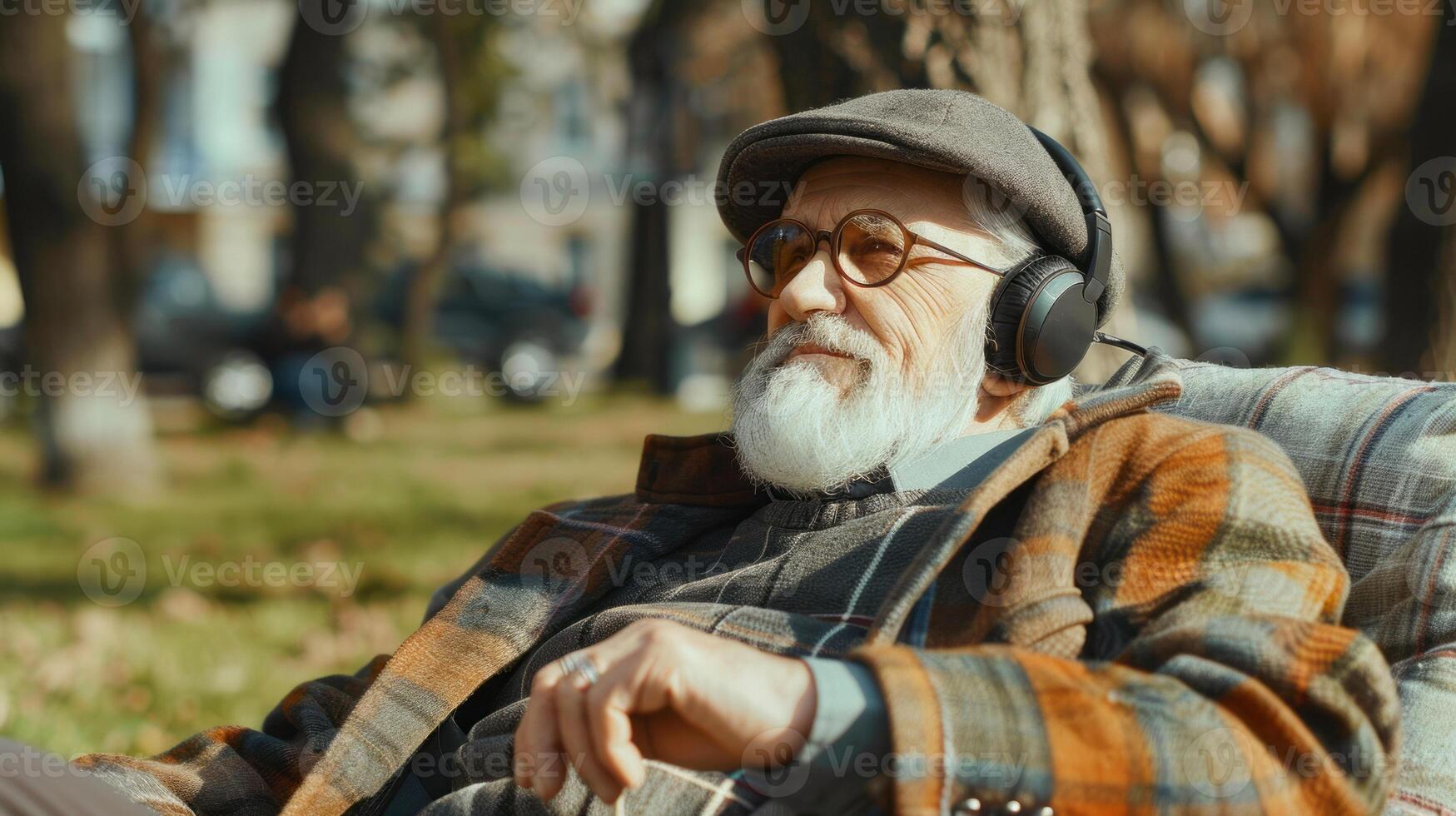 Stylish senior man sitting in city park listening to music photo