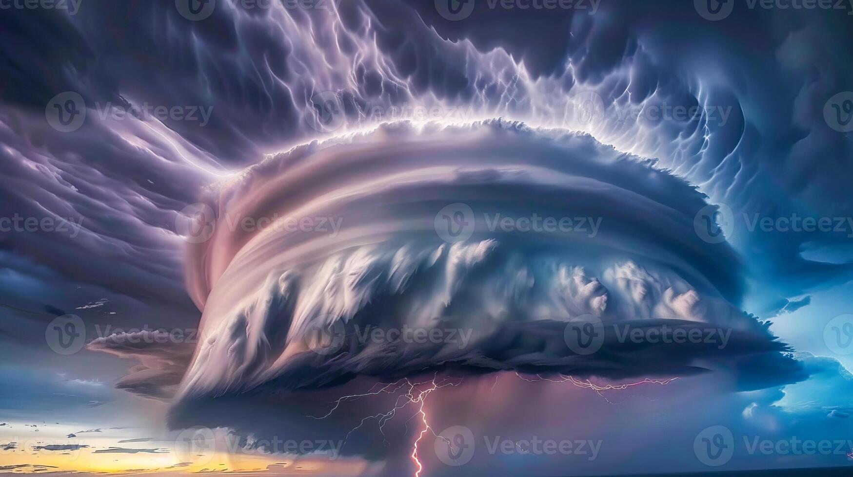 Supercell Thunderstorm with Lightning Strike at Dusk photo