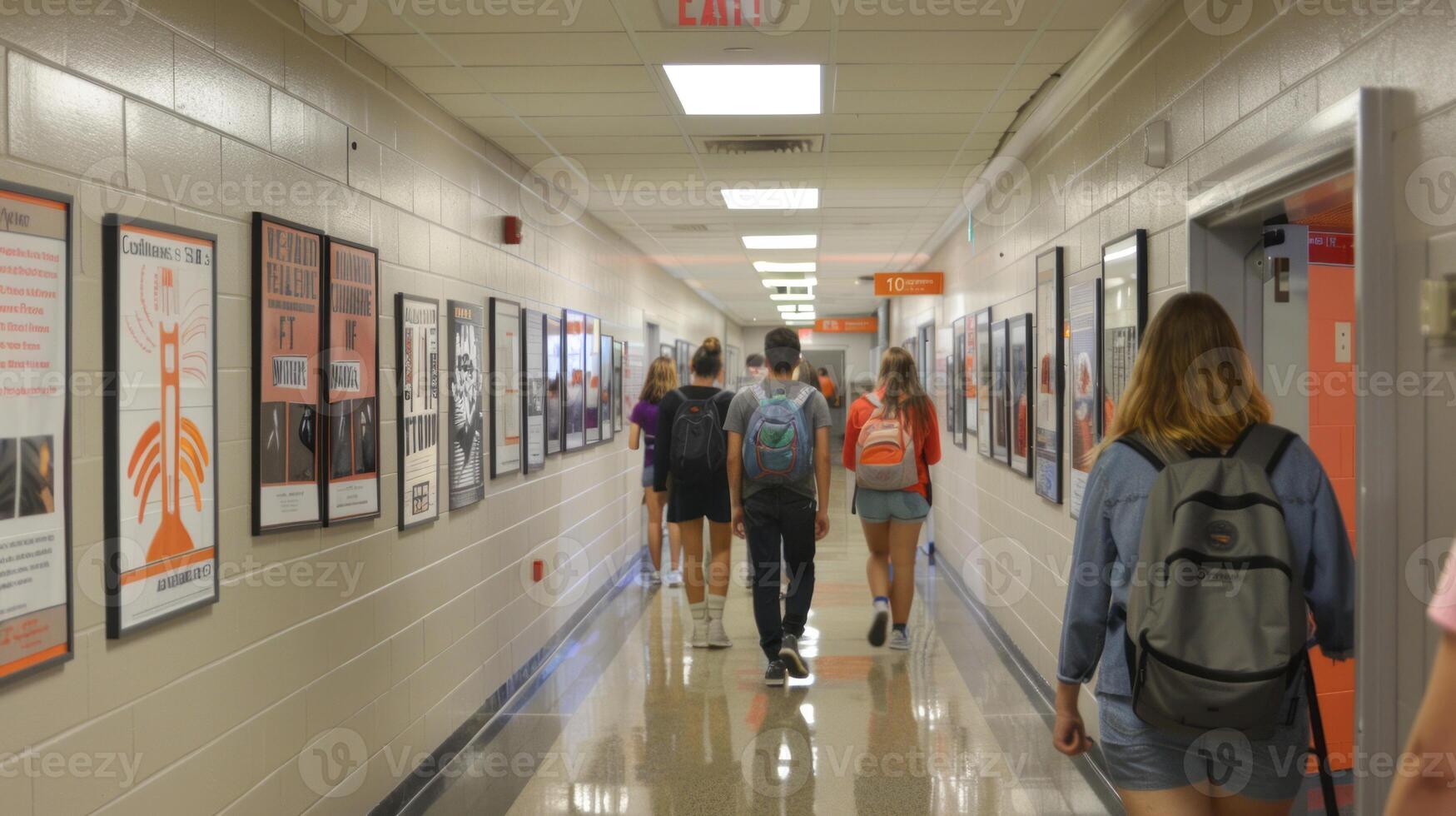 Students moving between classes in a school hallway photo