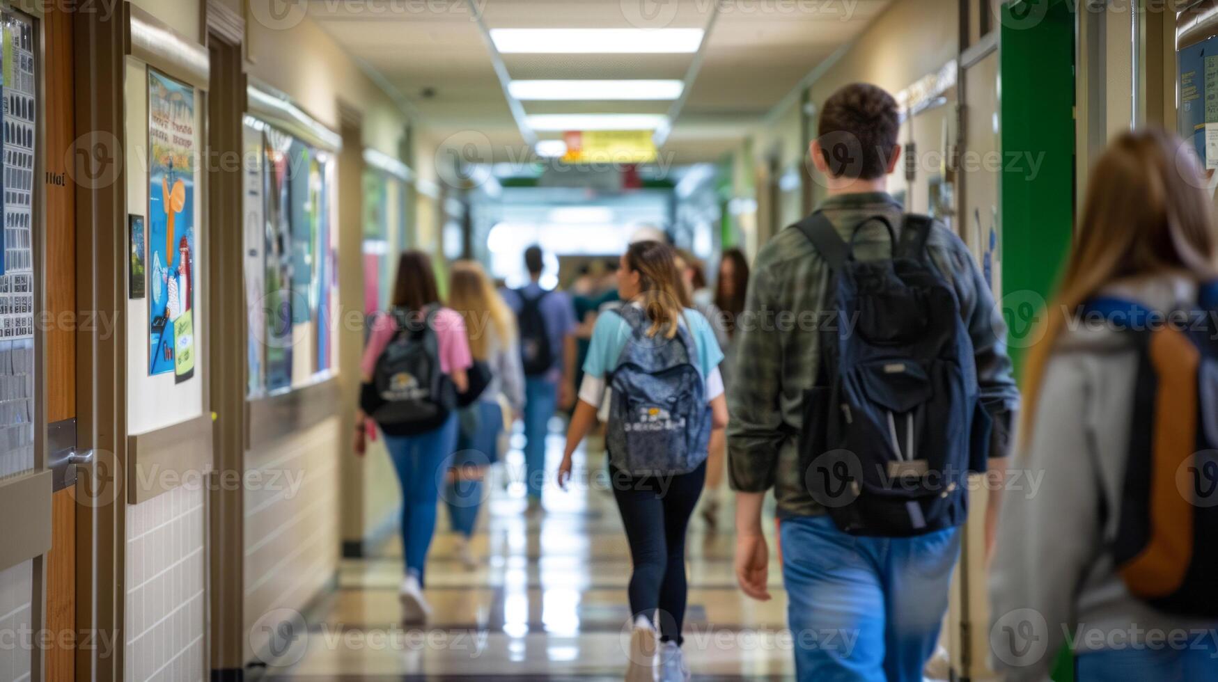 Active school corridor with students walking to class photo