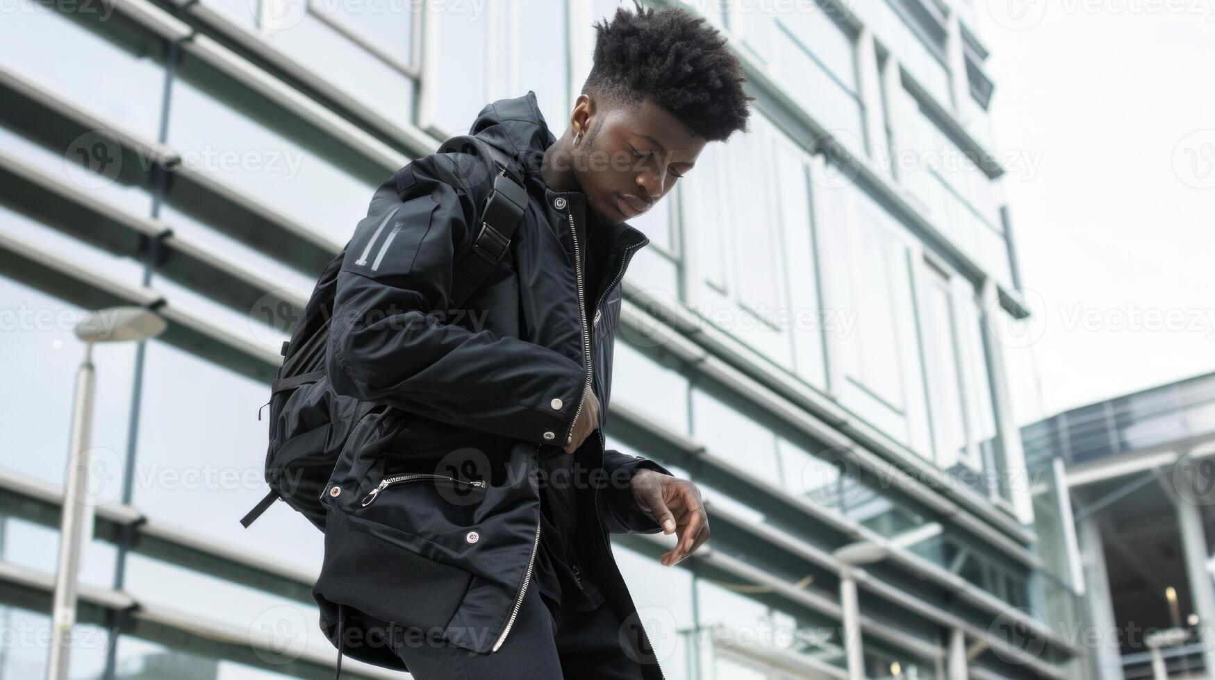 Fashionable young man in black cyberpunk attire in city environment photo