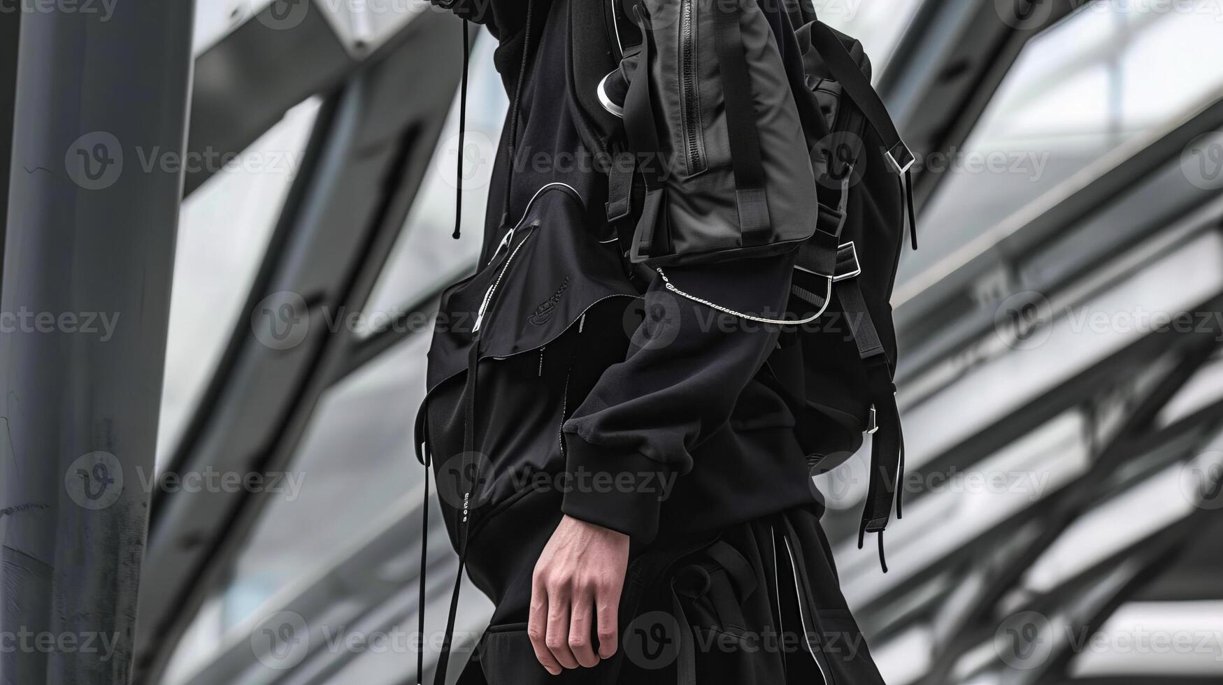 Urban style young man in techwear fashion in city setting photo