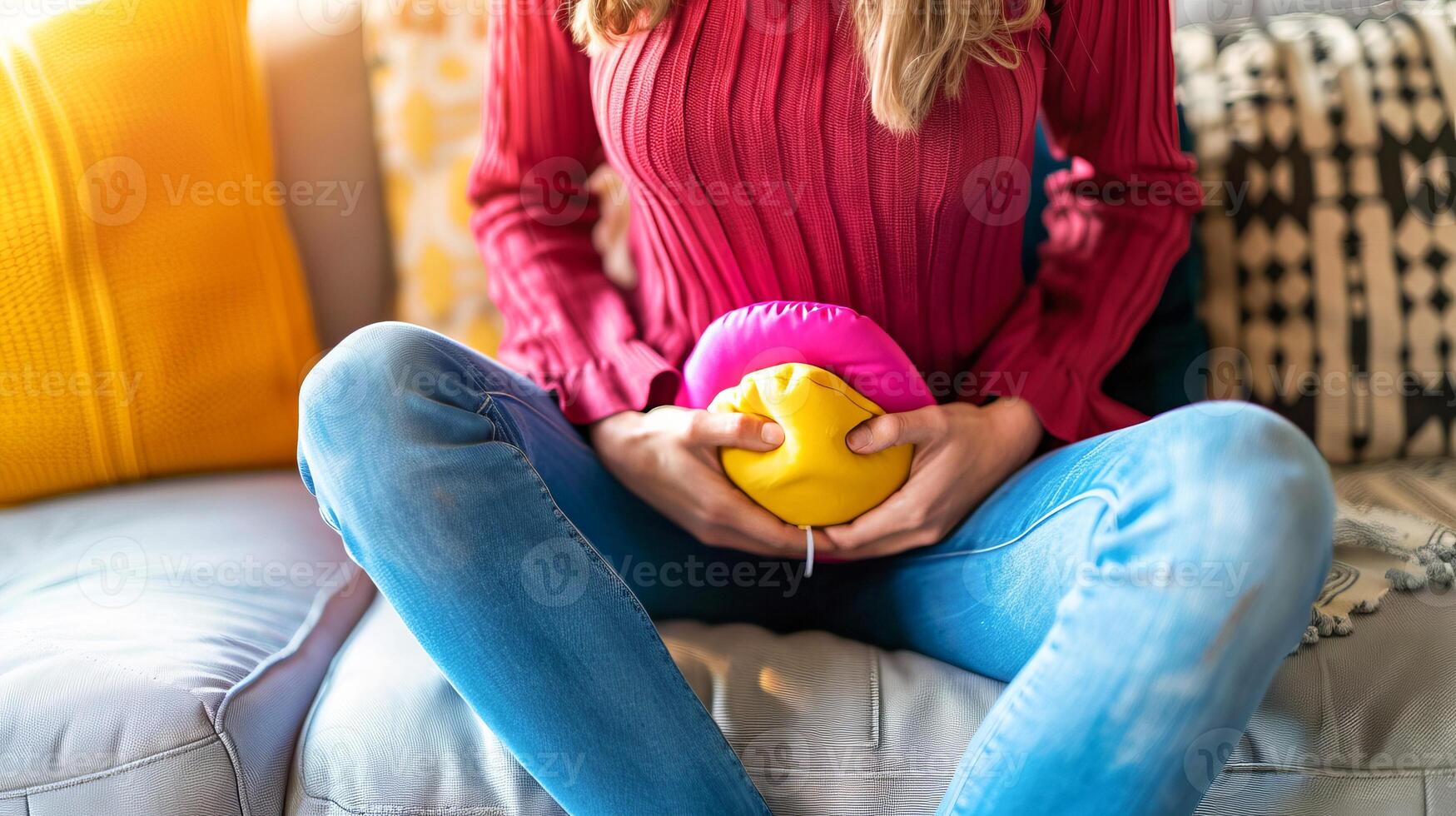 Woman experiencing menstrual cramps using heat therapy on couch photo