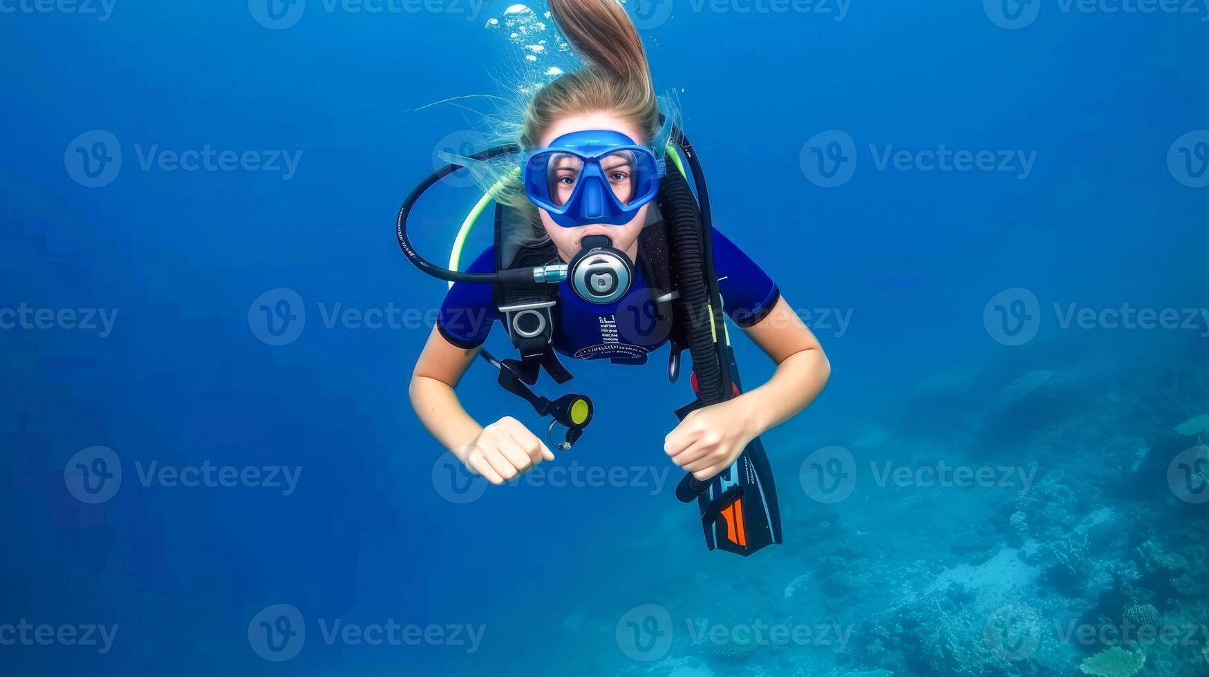 Female diver exploring underwater world with mask and fins photo