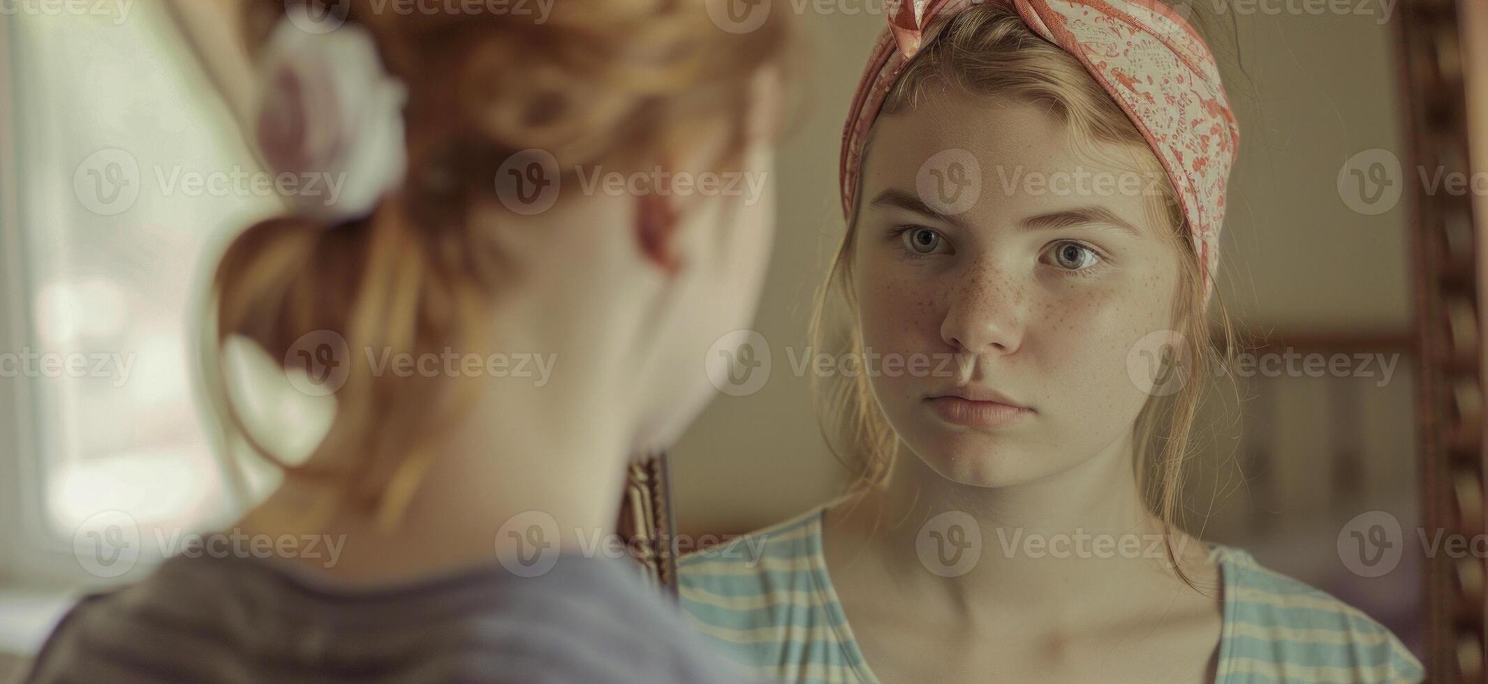Teen girl with headband looking into mirror with serious expression photo