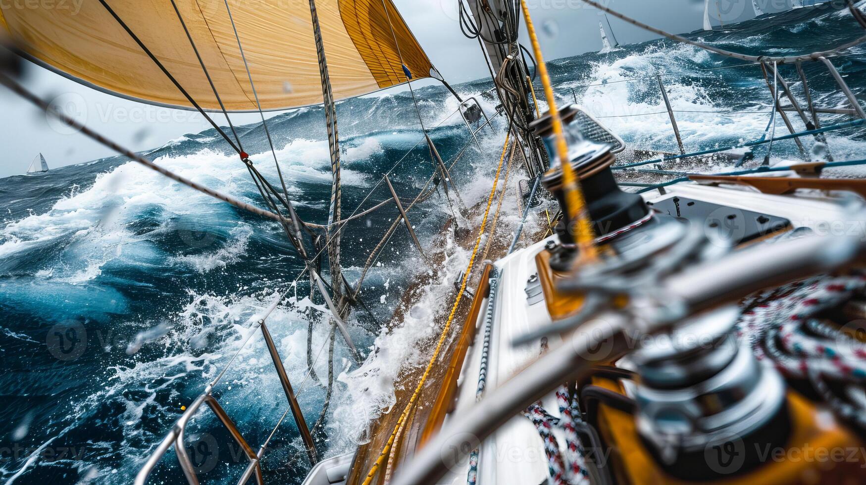 Sailboat navigating rough seas during a storm photo