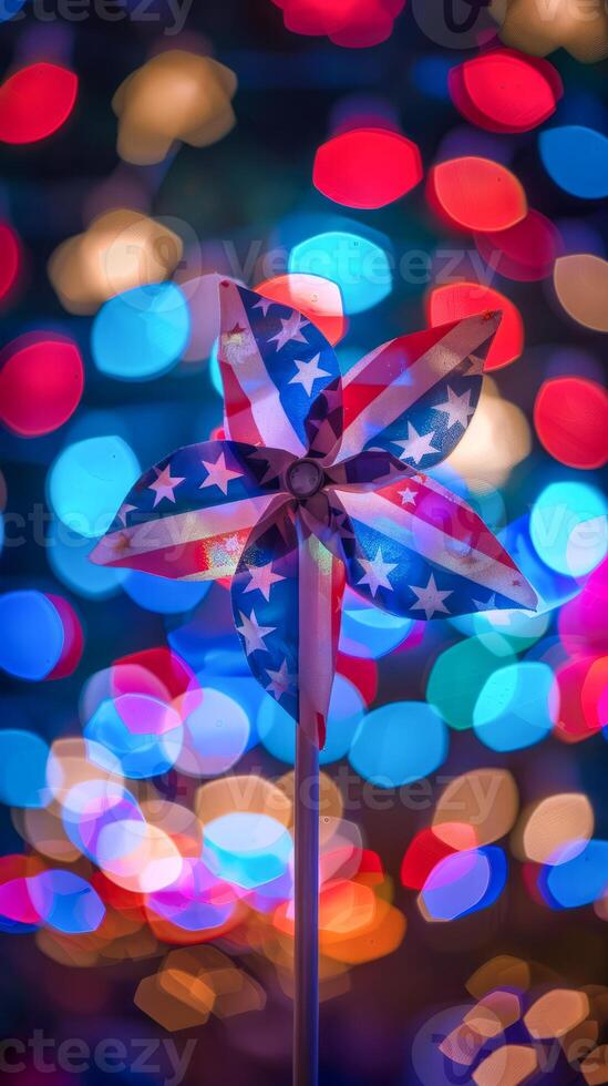 Colorful pinwheel with American flag design and bokeh background photo