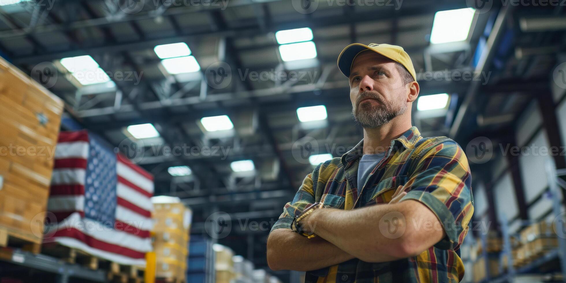 Confident worker standing in warehouse with American flag background photo