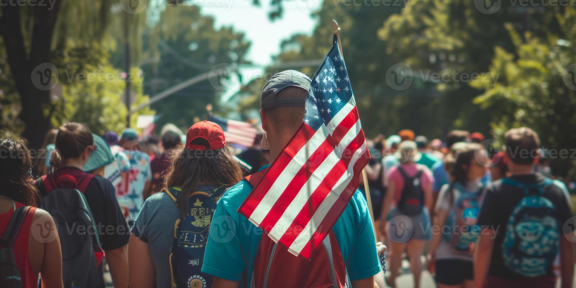Crowd Celebrating Fourth of July Parade with American Flag photo