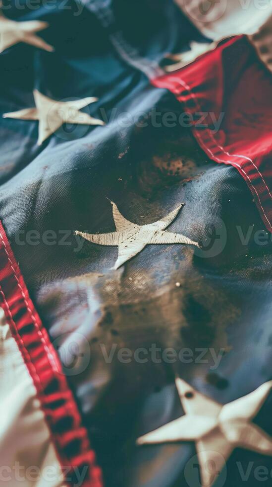 Weathered American Flag with Tools Symbolizing Hard Work photo