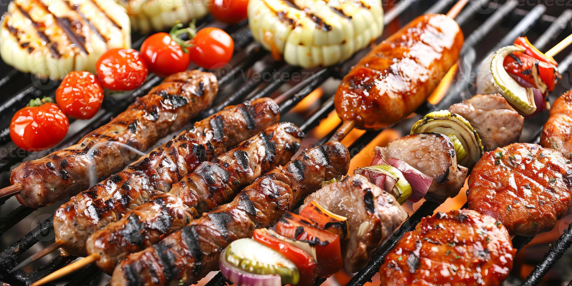 Colorful Vegetable and Meat Skewers on Barbecue Grill photo