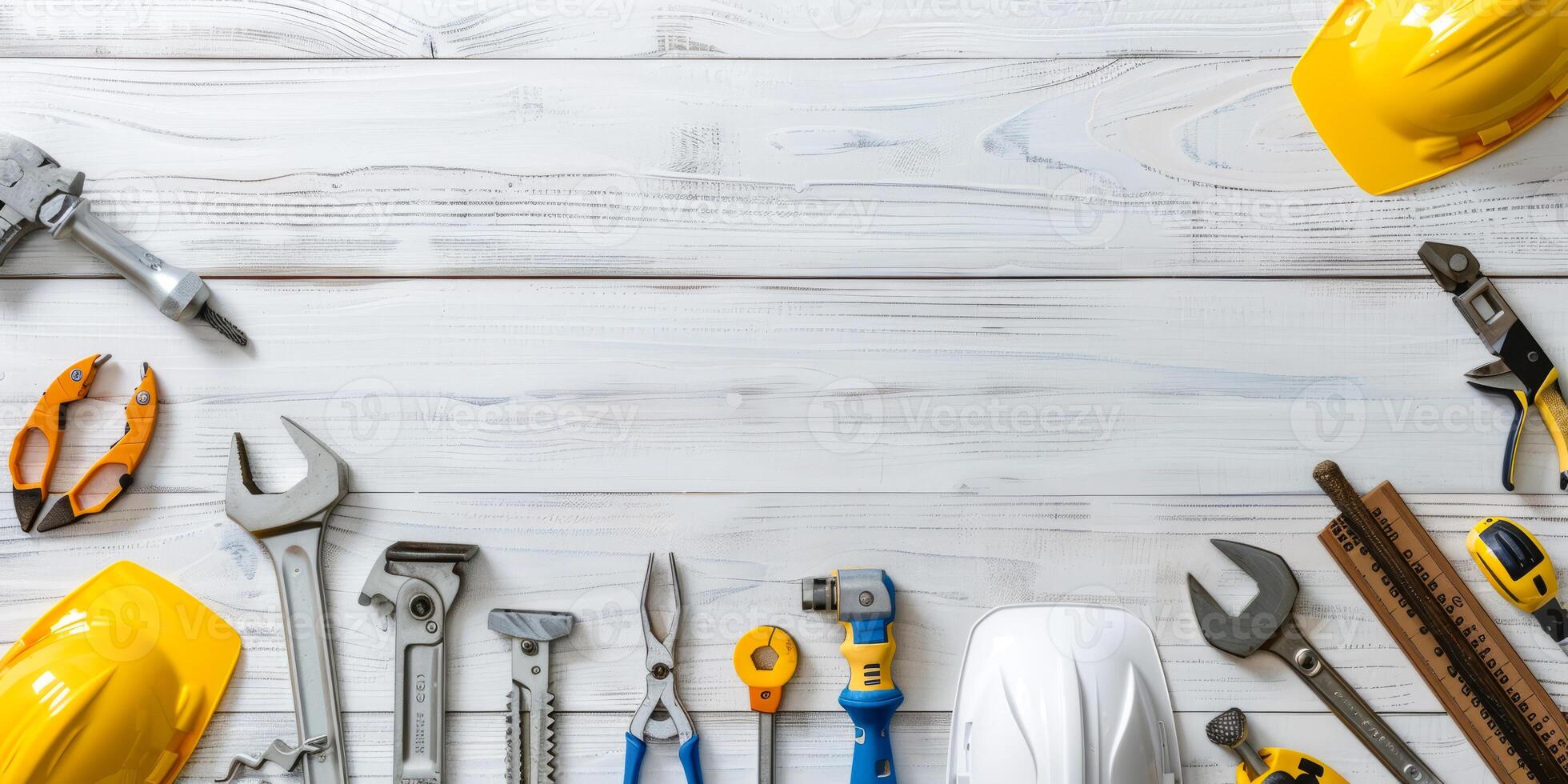 Various work tools on white wooden table photo