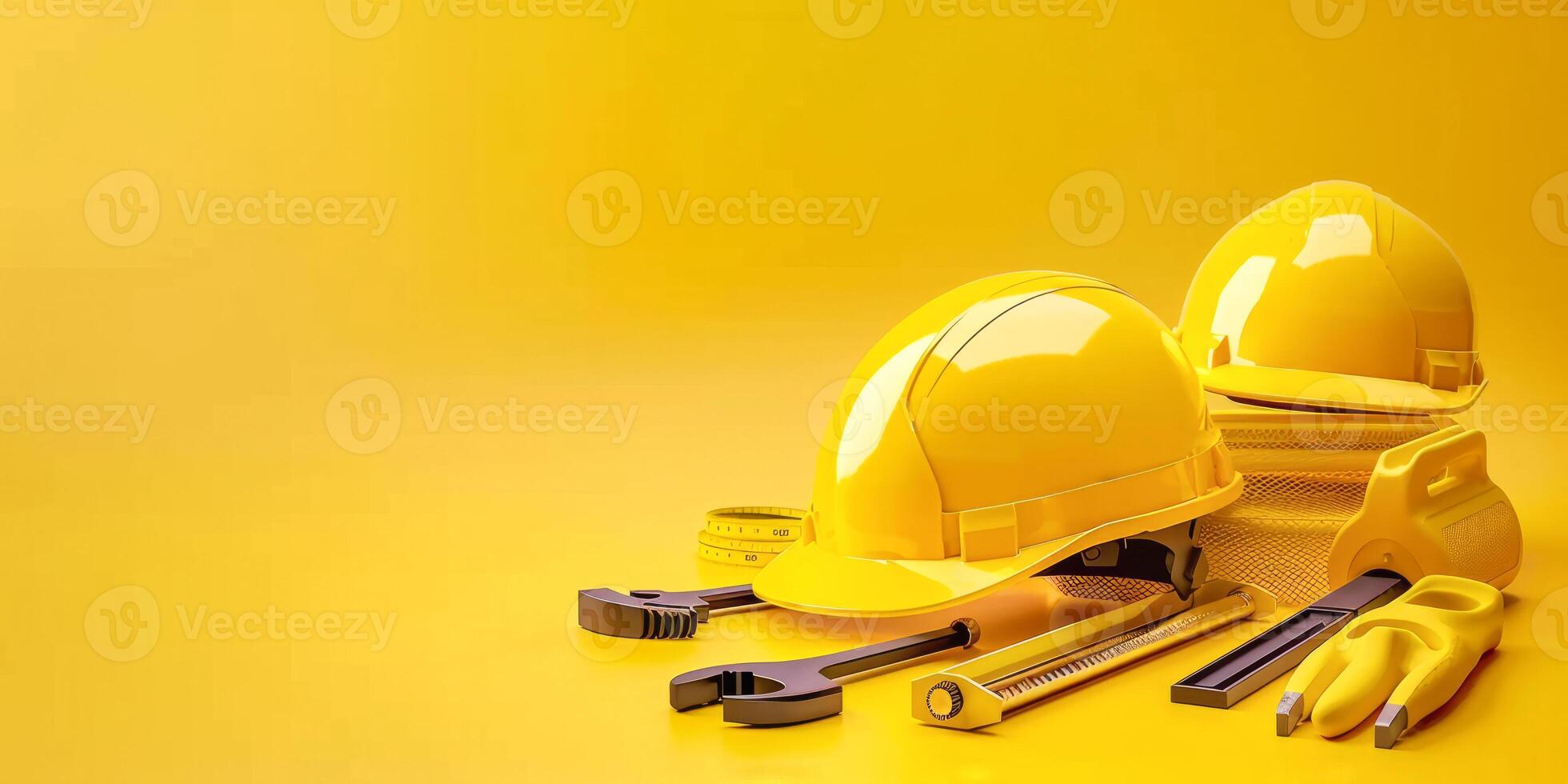 Safety gear and tools on yellow background for construction and maintenance photo