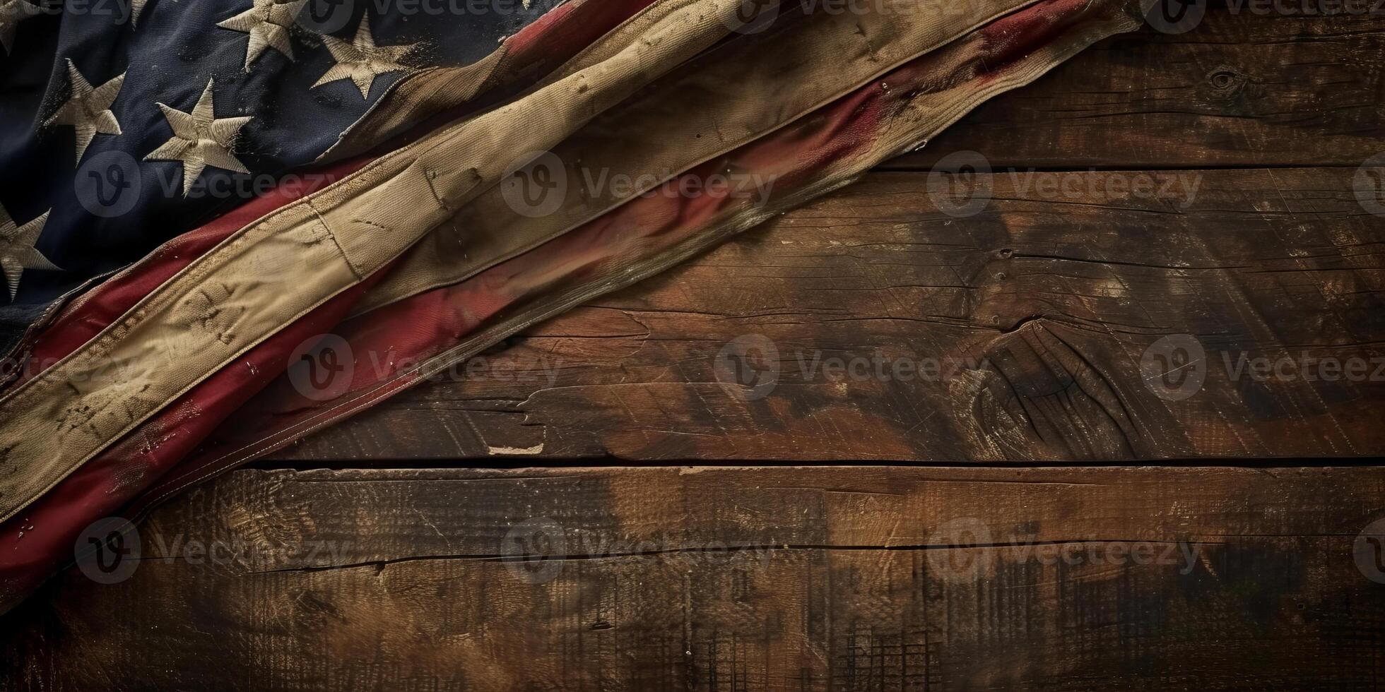 Vintage American flag on rustic wooden background photo