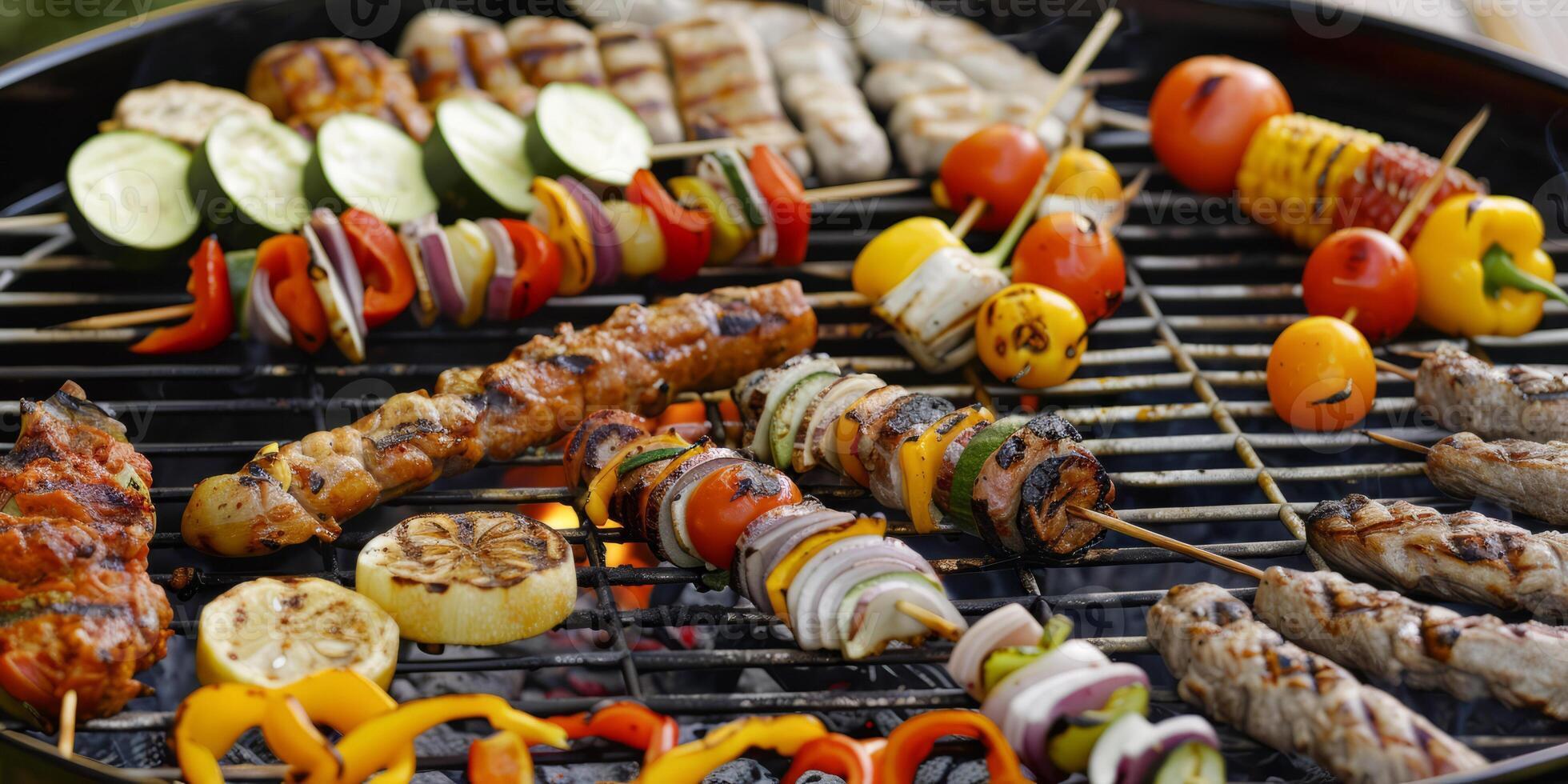 Variety of Barbecue Skewers and Grilled Meats on Charcoal Grill photo