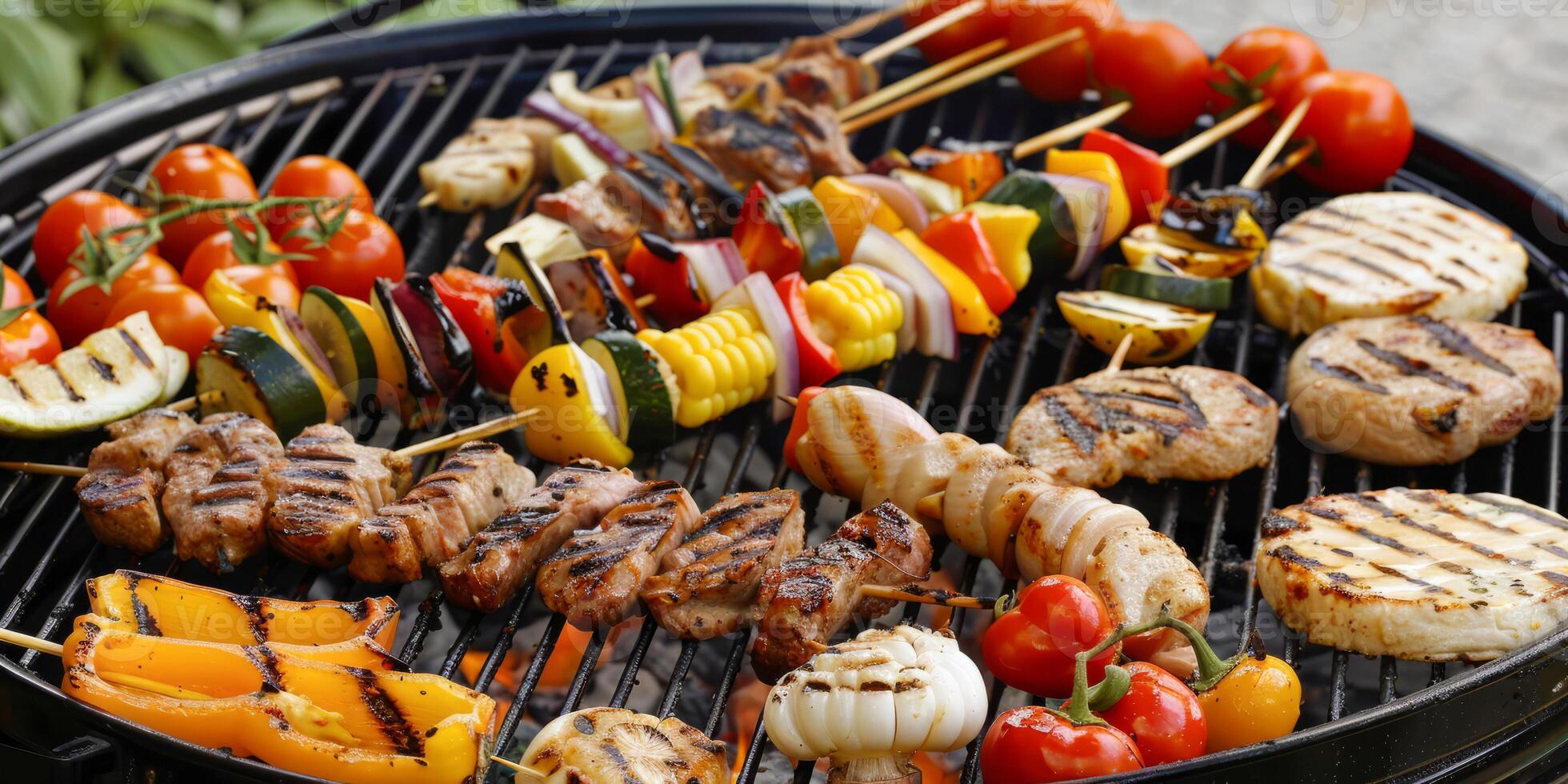 Colorful barbecue skewers and grilled vegetables on a grill photo