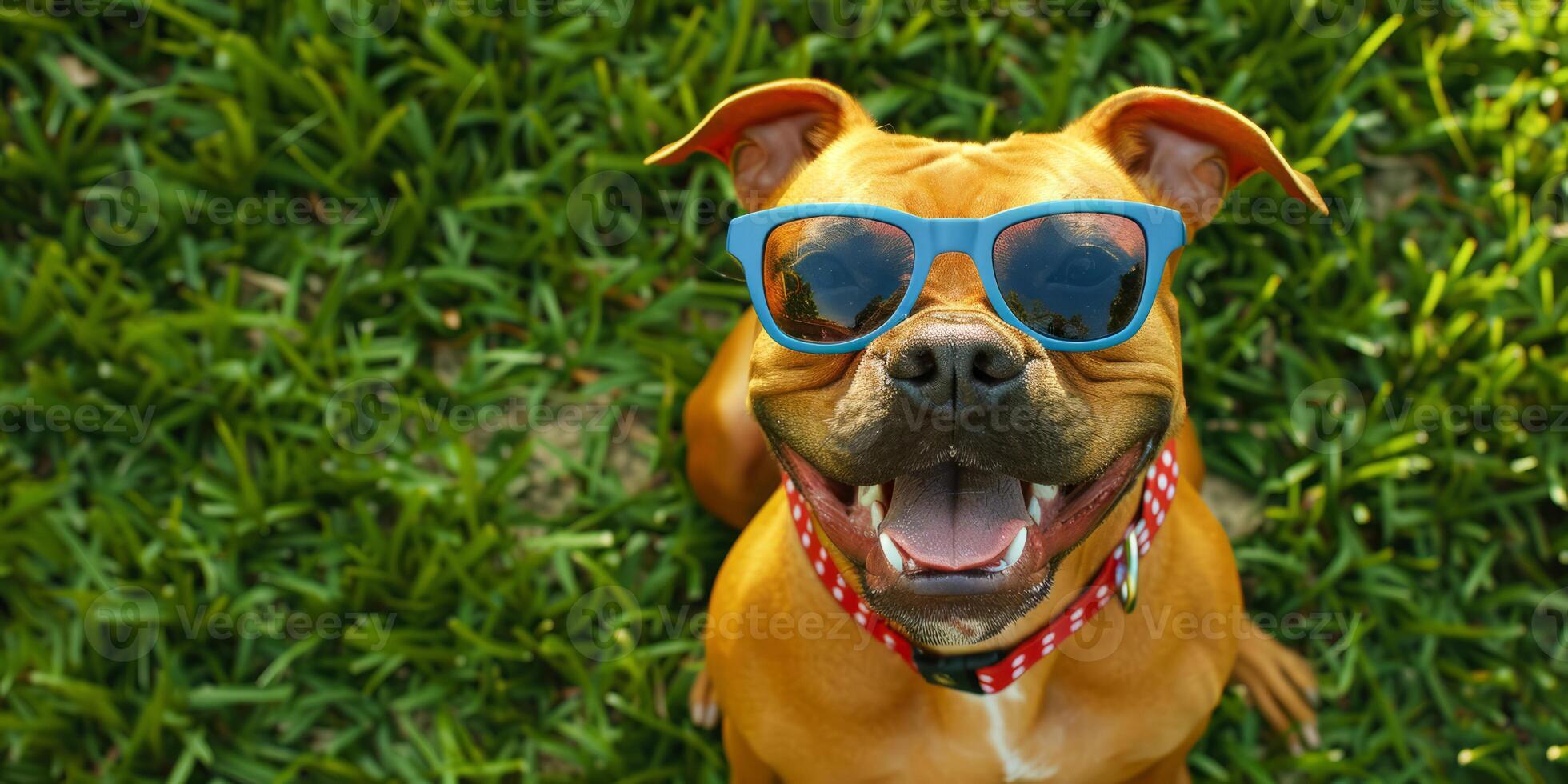 Smiling dog in sunglasses with American flag print photo