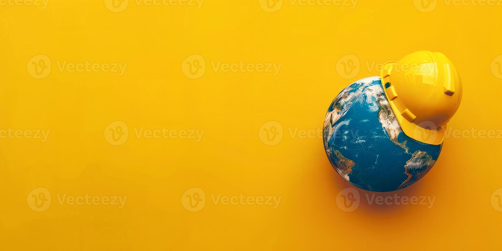 Earth with Construction Helmet on Yellow Background, Concept of Global Safety photo